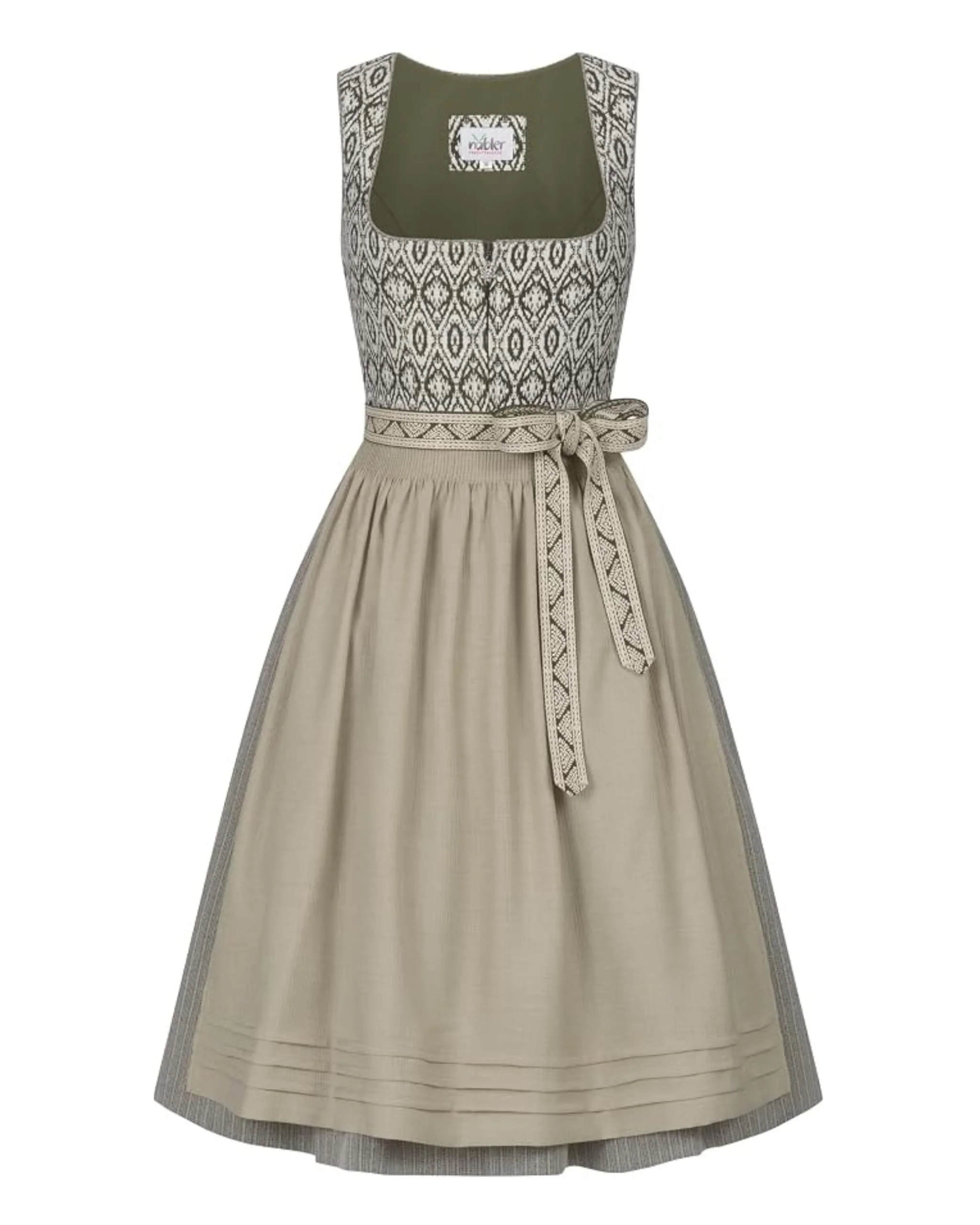Nübler Damen Dirndl Gudrun in Oliv I Größe 30-58 | Mit Ornament-Mieder & Schürze I Trachtenkleid mit eckigem Ausschnitt I Ideal für Oktoberfest & Festlichkeiten