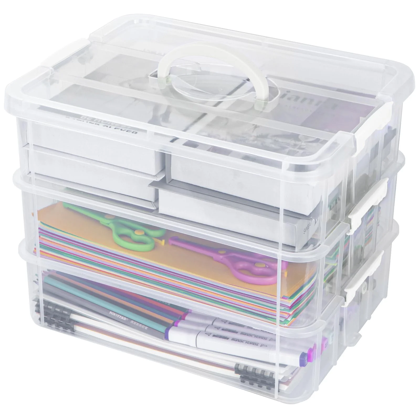 Creahaus 3-Stöckige Aufbewahrungsbox mit Deckel für Bastelarbeiten,Stapelbare Aufbewahrungsboxen für Bastelmaterial,Nähkasten,Sortierbox,Nähgarn Aufbewahrung(weiß)
