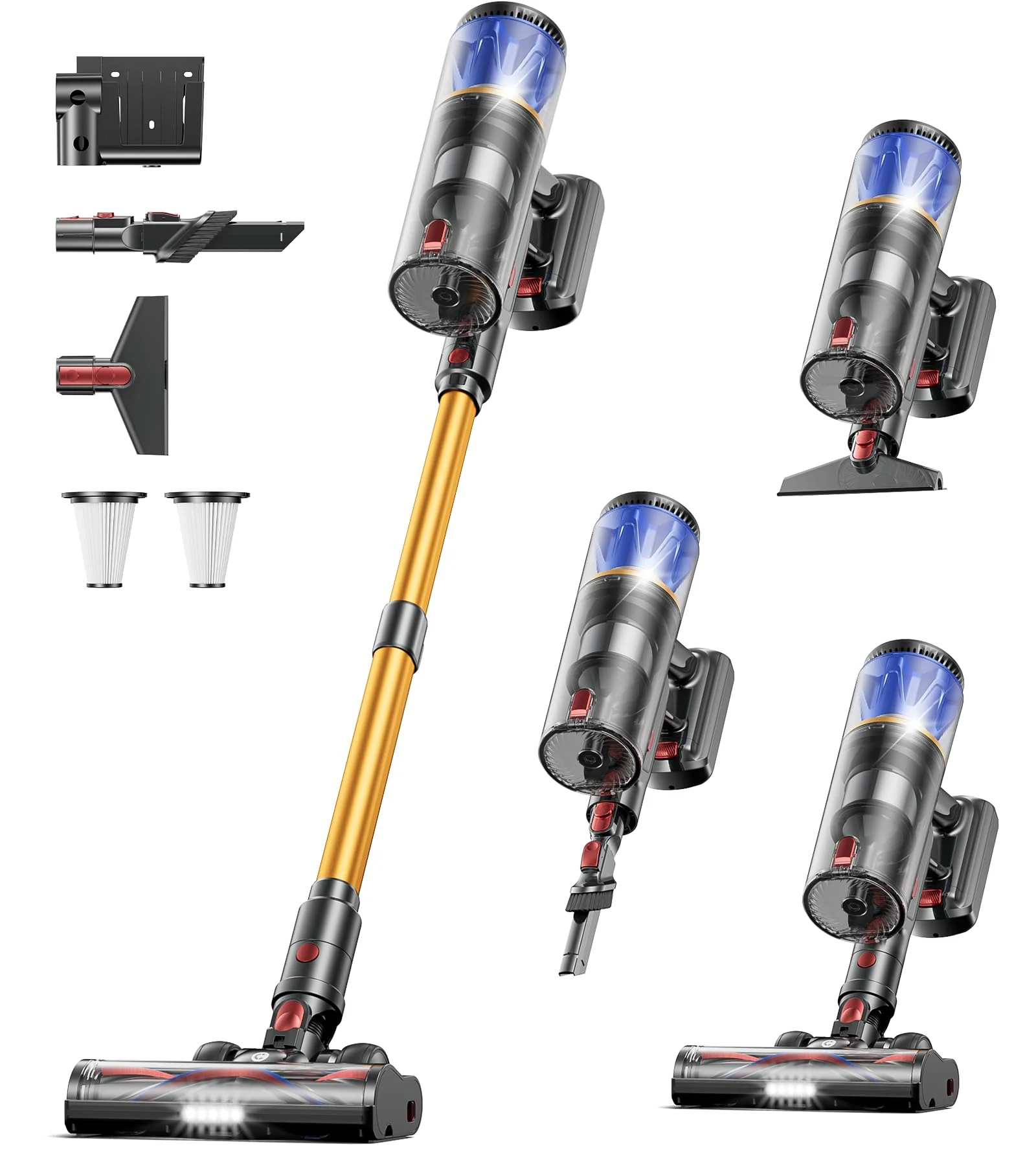 CHEBIO Akku Staubsauger 65KPA/650W/70Mins, Staubsauger Kabellos mit LED Display, Selbststehend, Anti-Tangle-Bürste, Wandladestation, Ultraleise, für Tierhaare/Hartböden/Teppich