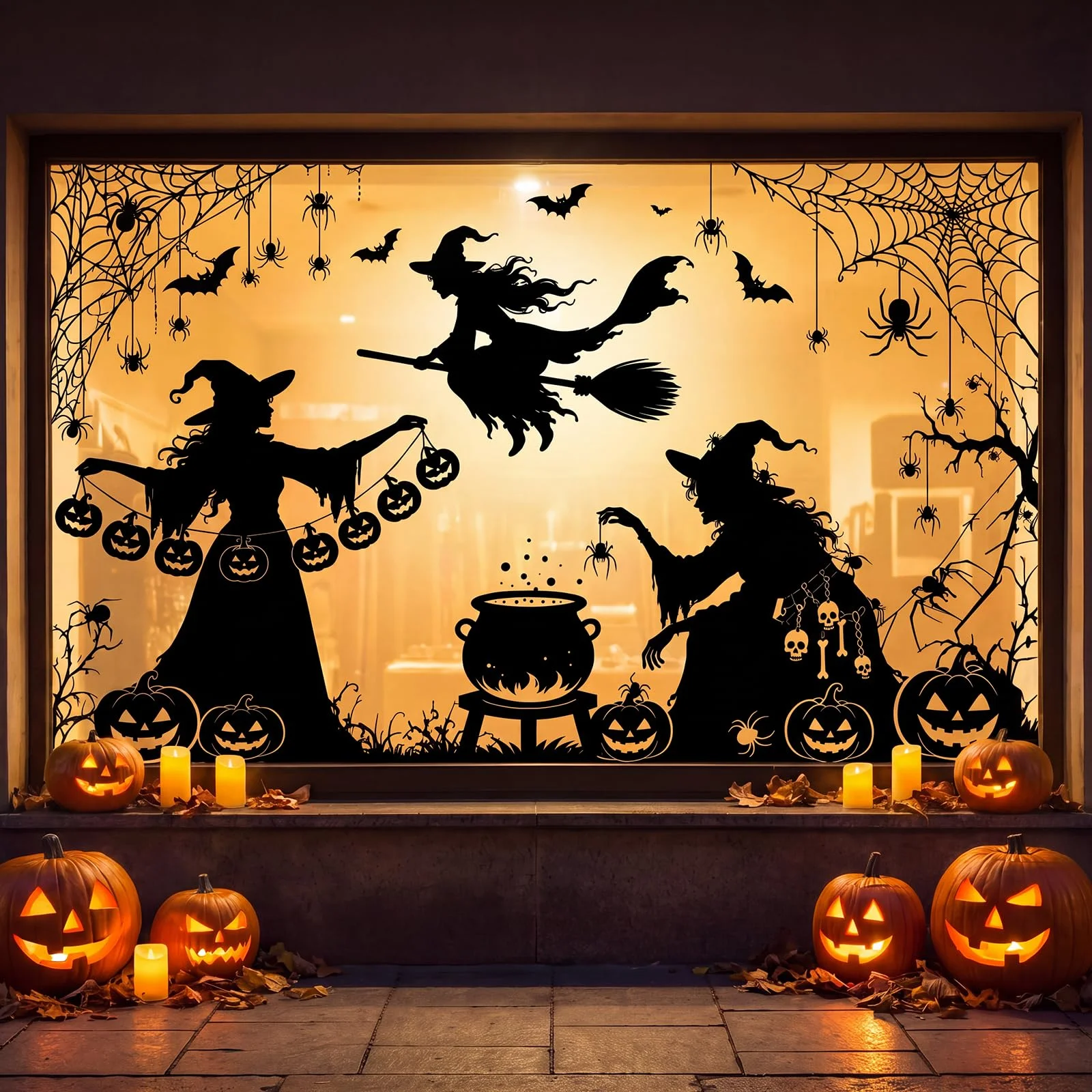 AhfuLife Groß Halloween Fensterbilder Deko, 90 x 43cm, 5 Blätter Halloween Aufkleber Fensterbilder mit Hexe, Kürbis, Fledermaus, Spinne für Indoor Kinder Fensterdeko Party Deko