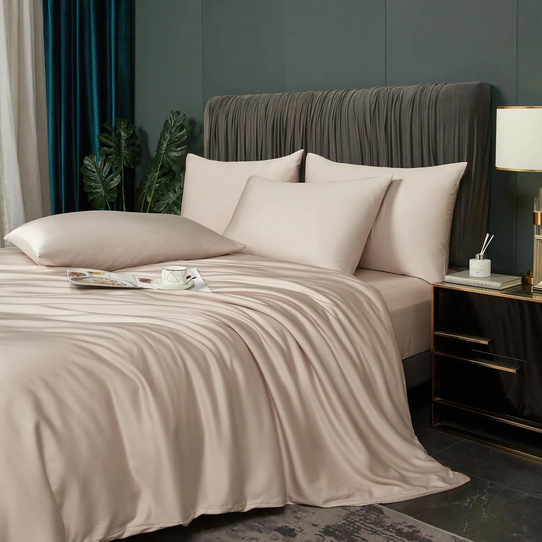 Luofanfei Kühlende Bambus Bettwäsche 200x220 cm Sommer Beige | Uni Bambusfasern Lyocell Glänzend Bettwäscheset Atmungsaktiv Bamboo Muster Bettbezuge und Kissenbezüge 80x80 cm Bügelfrei