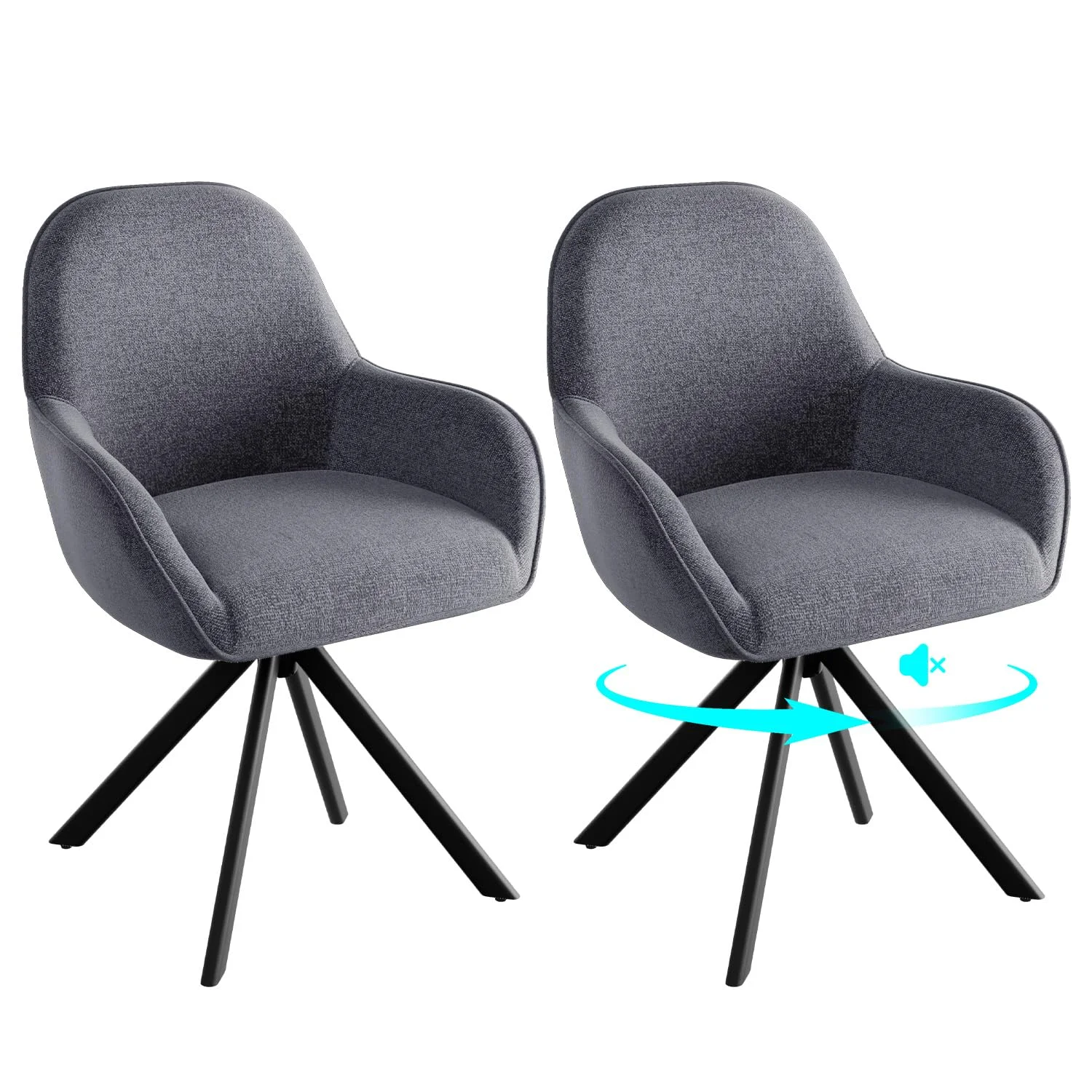 ELUCHANG Esszimmerstühle Drehbar 2er Set, 360° Drehstuhl mit Hohen Armlehnen und 10 cm Dickem Sitzkissen, aus Leinenimitat, bis 150 kg Belastbar für Esszimmer, Wohnzimmer, Büro, Grau