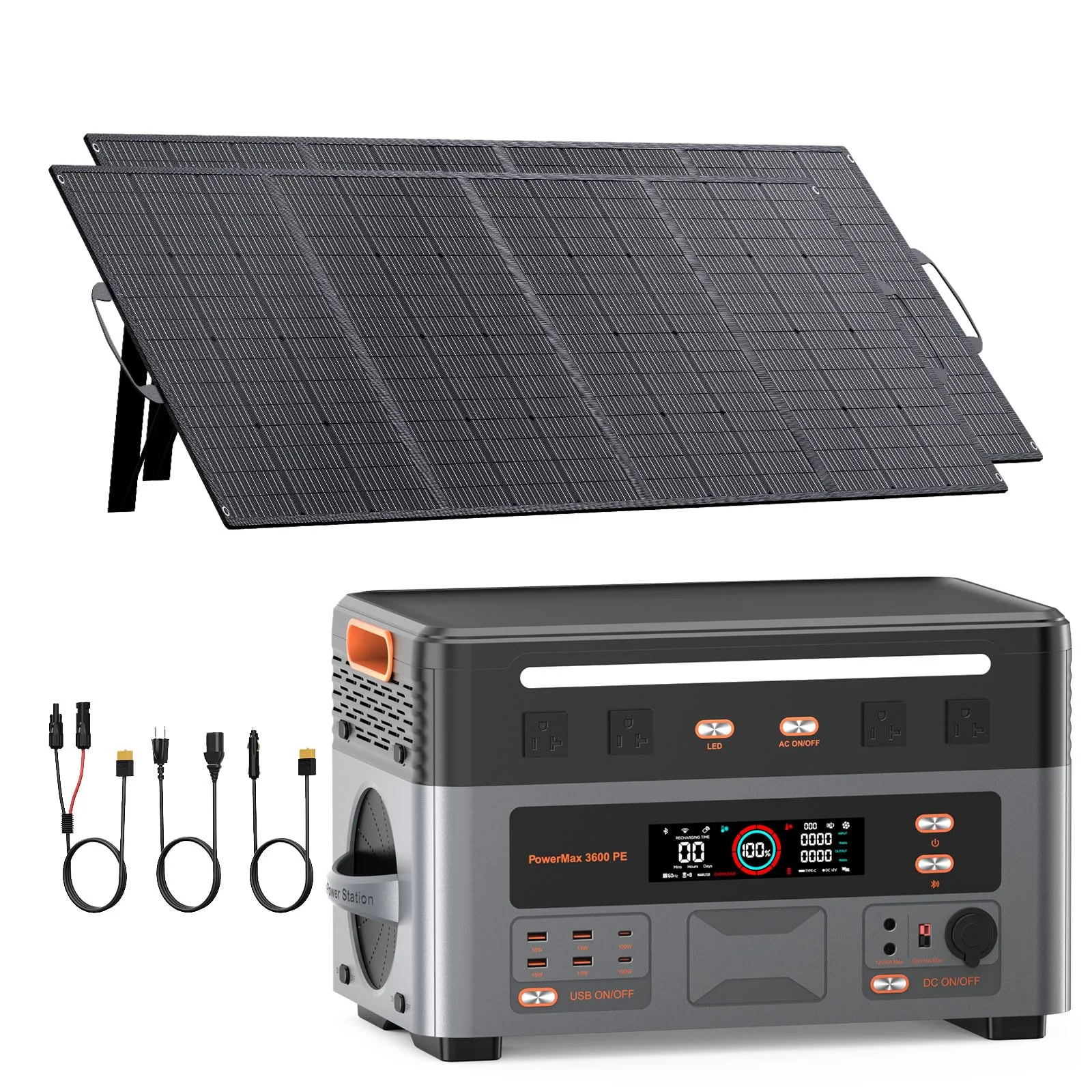 3600W Solargenerator mit 2x400w Solarpanel, 2016Wh Tragbare Powerstation, LiFePO4 Akku, 0–80% in 45Min, USV, 14 Ausgänge, APP, Portable Power Station für Camping, Wohnmobil, PowerMax 3600PE