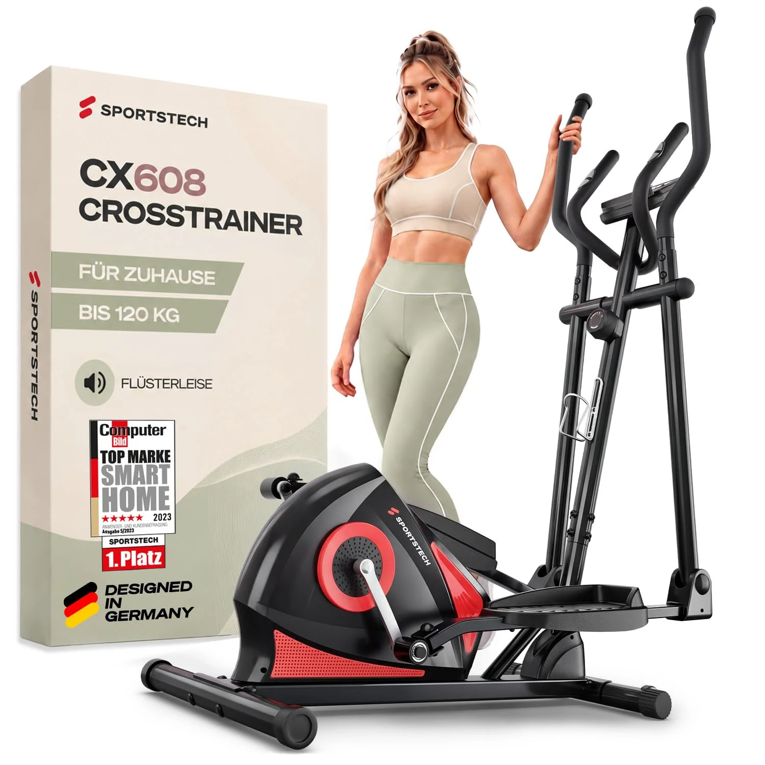 Sportstech CX608 Crosstrainer für Zuhause, leiser Ellipsentrainer mit 8 Widerstandsstufen, 10 kg Schwungrad, LCD Display, Pulssensor bis 120 kg, Fitnessgeräte für Zuhause