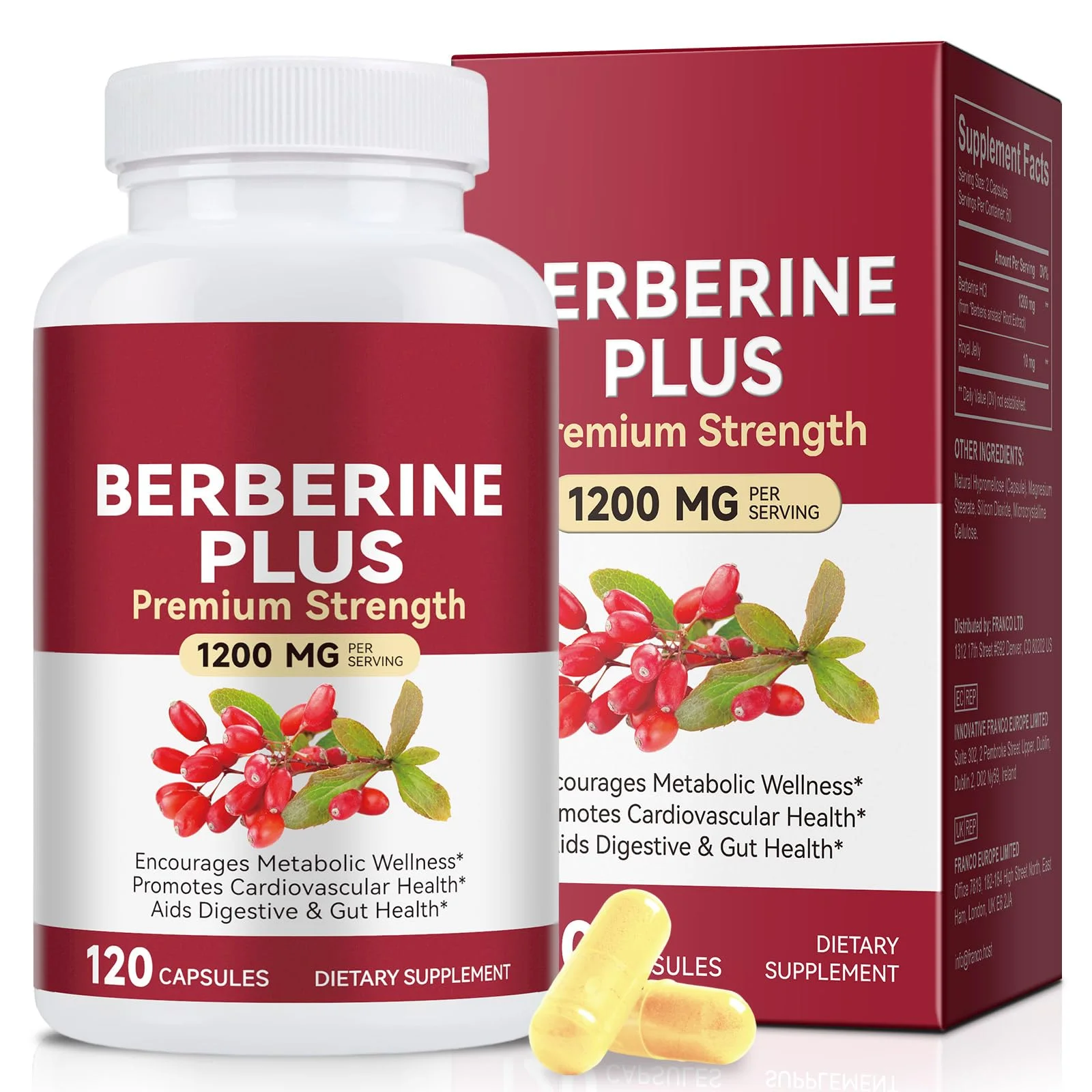 Berberin-Kapsel – Berberine Premium-Stärke 1200 Mg, Fördert Die Gesundheit Des Immunsystems, Fördert Das Stoffwechselgleichgewicht, Unterstützt Die Verdauung Und Darmgesundheit 120Pcs
