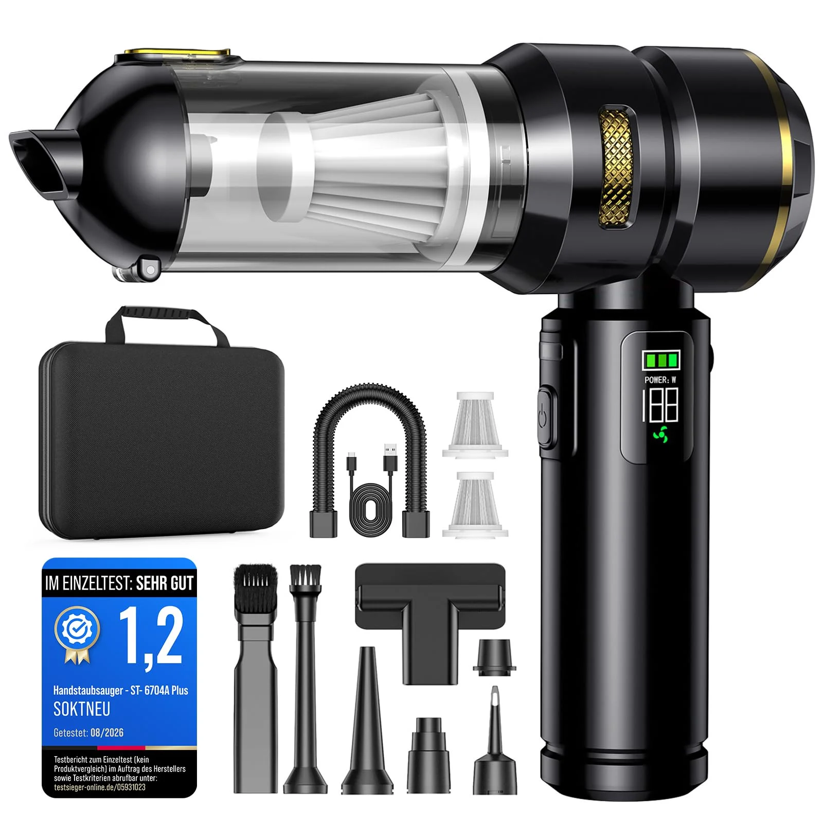 SOKTNEU Handstaubsauger, 26000Pa Akku Staubsauger Kabellos mit LCD Display | 4-in-1 Auto Staubsauger Stark, One-Touch Staubentleerung, 3*2500mAh Autostaubsauger für Tierhaare, Auto, Haushalt(Schwarz)