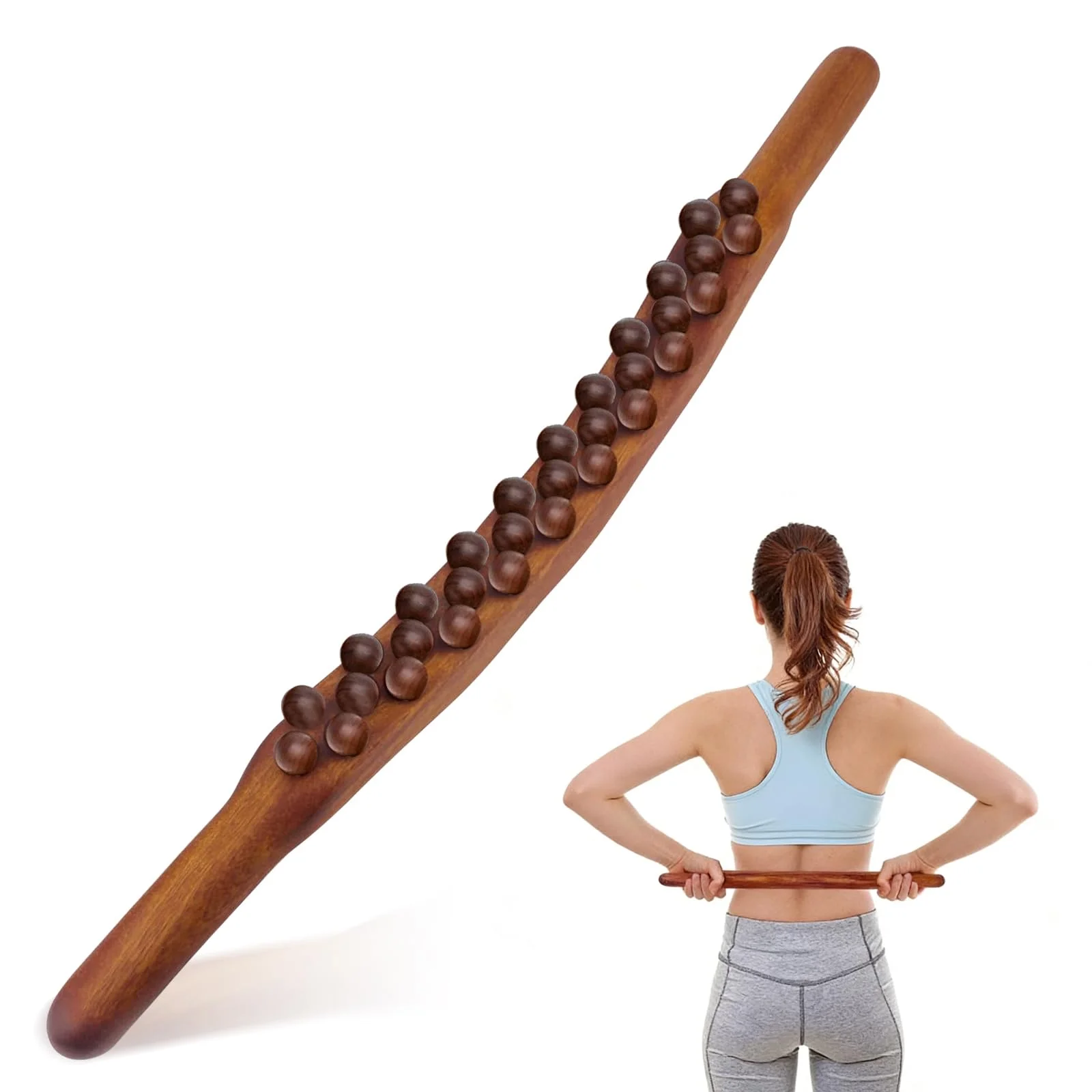 Gua Sha Wooden Therapy Stab, Massagestab Holz mit 31 Massagepunkte | 58 cm, Buchenholz, Ergonomische Bogenform, Druckmassage, Tiefenkarbonisierte Oberfläche, für Beine, Rücken, Nacken, Arme
