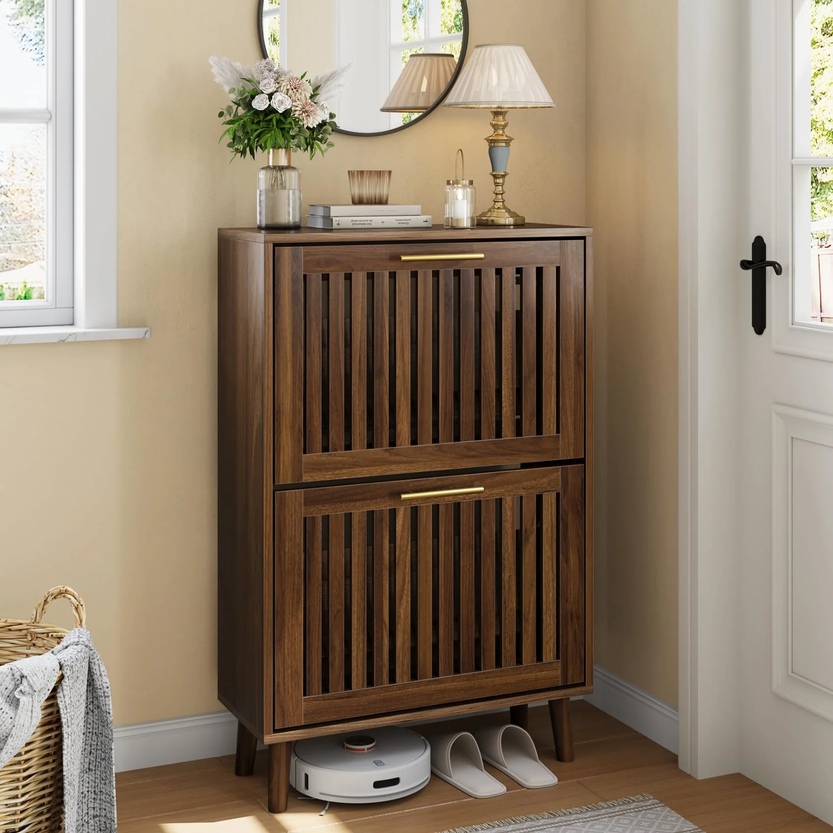 Smart FENDEE Schuhschrank Bauernhausstil, schmaler freistehender Schuh-Organizer mit 2 klappbaren Latten-Schubladen (Slatted), goldene Griffe, versteckter Eingangsbereich für Flur, Walnuss 60B cm