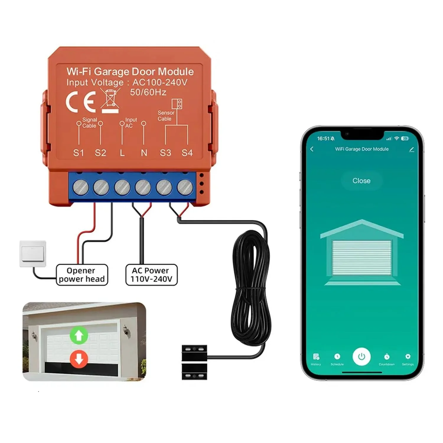 Intelligenter WLAN-Garagentoröffner, kompatibel mit Alexa, Google Assistant und Sprachsteuerung, Steuerung per Tuya/Smart Life App, einfache Installation, kein Hub erforderlich