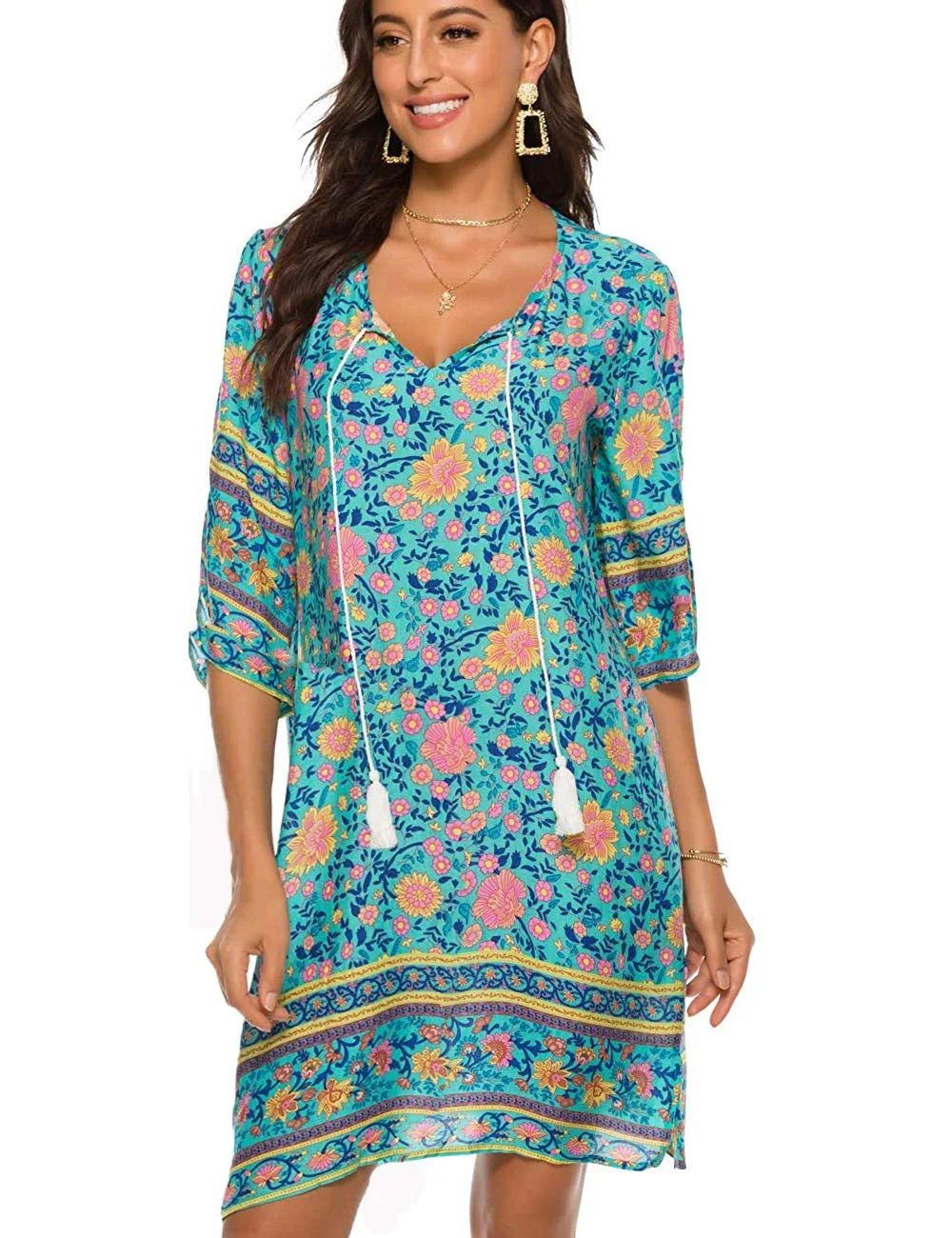 BDTECAOR Damen Vintage Ethnostil Blumenmuster Bohemian 3/4 Arm Strandkleid | Leicht und Luftige Boho Sommerkleid mit V-Ausschnitt & Kordelzug, für Strand Cover Up & Alltag geeignet, ideal für den Urlaub
