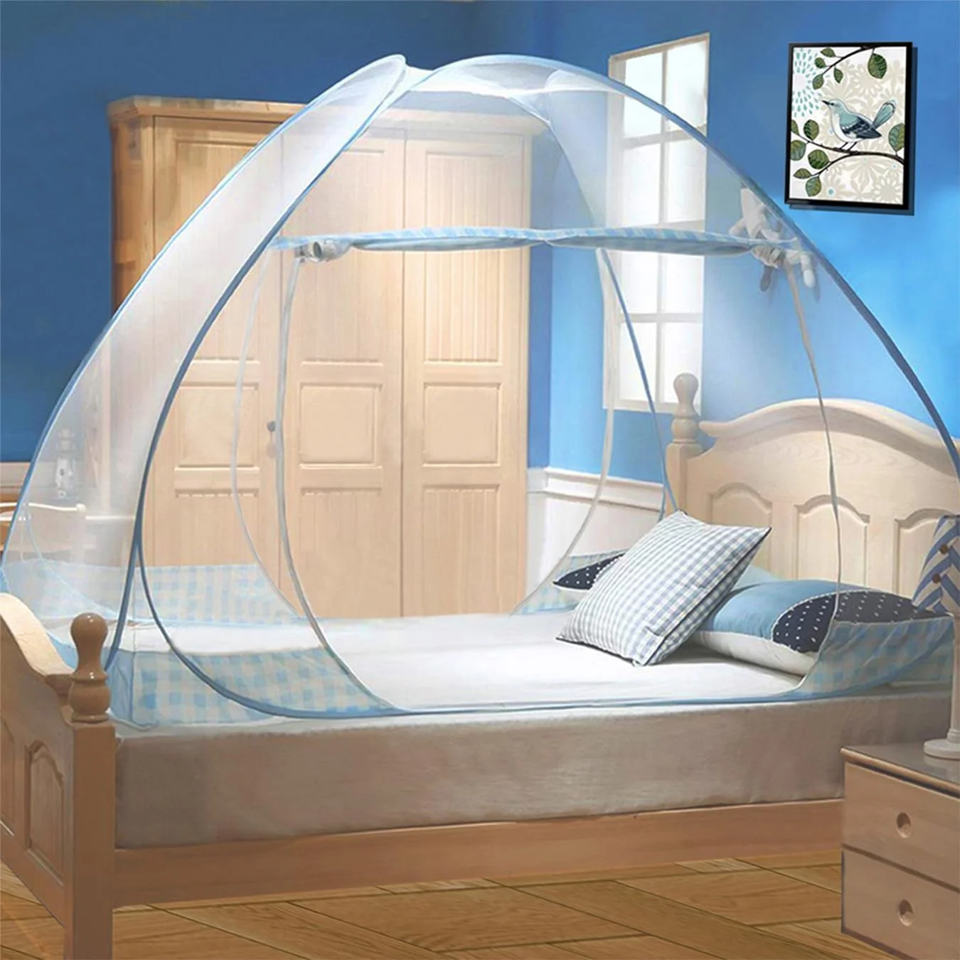 Digead Faltbares Pop-up Moskitonetz für Bett, 180×200 cm Doppeltür Design, Tragbares Reise moskitonetz, Ideal für Zuhause, Reisen & Camping - Blauer Rand