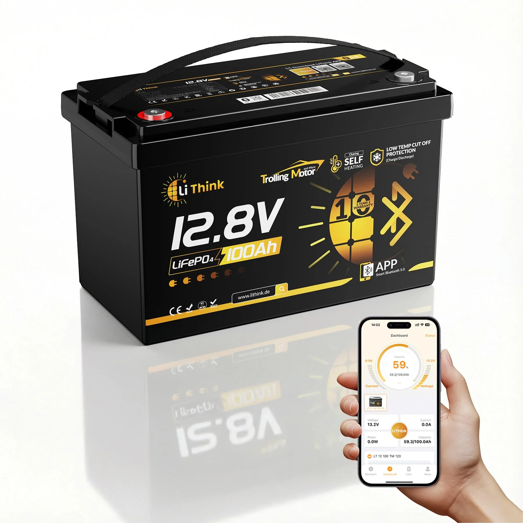 LiFePO4 12V 100Ah Lithium Batterie 120A BMS für Trolling Motor, Boot | Untertemperaturschutz & Selbstheizung, Bluetooth, IP67, bis zu 15.000 Zyklen, ECE R10 CB IEC 62619 für Elektro Außenborder