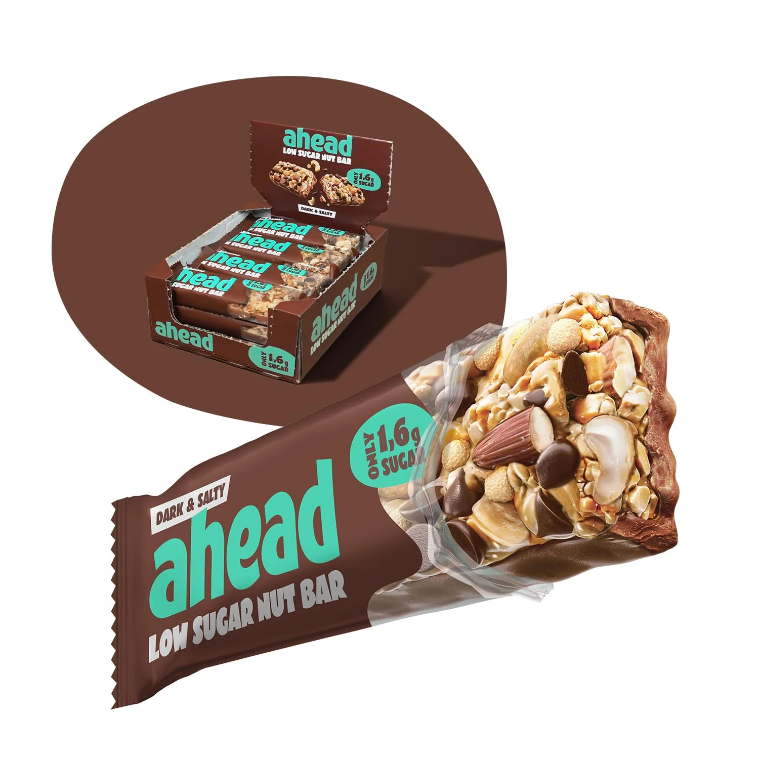AHEAD Nut Bar | Nussriegel Müsliriegel zuckerfrei mit Zartbitterschokolade, Cashewkernen & Meersalz-Flocken - 12x35g mit nur 1,7g Zucker pro Riegel - Dark & Salty