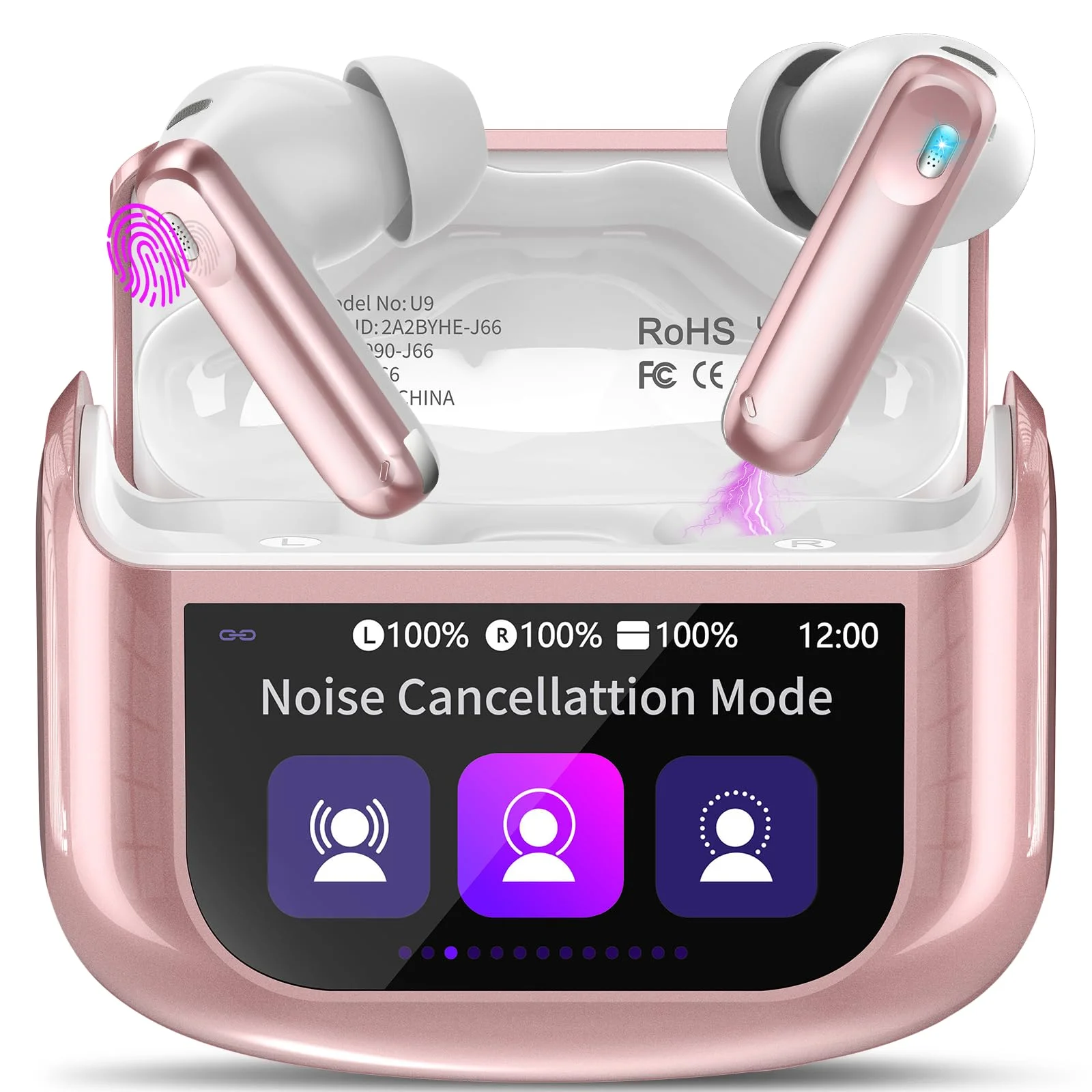 Touchscreen Bluetooth Kopfhörer, 2026 In Ear Kopfhörer Kabellos Bluetooth 5.4 mit ANC+ENC Noise Cancelling Mic, 48Std Spielzeit Tiefer Bass Earbud mit 5 EQ-Modi, IP7 Wasserdicht Ohrhörer USB-C Rose