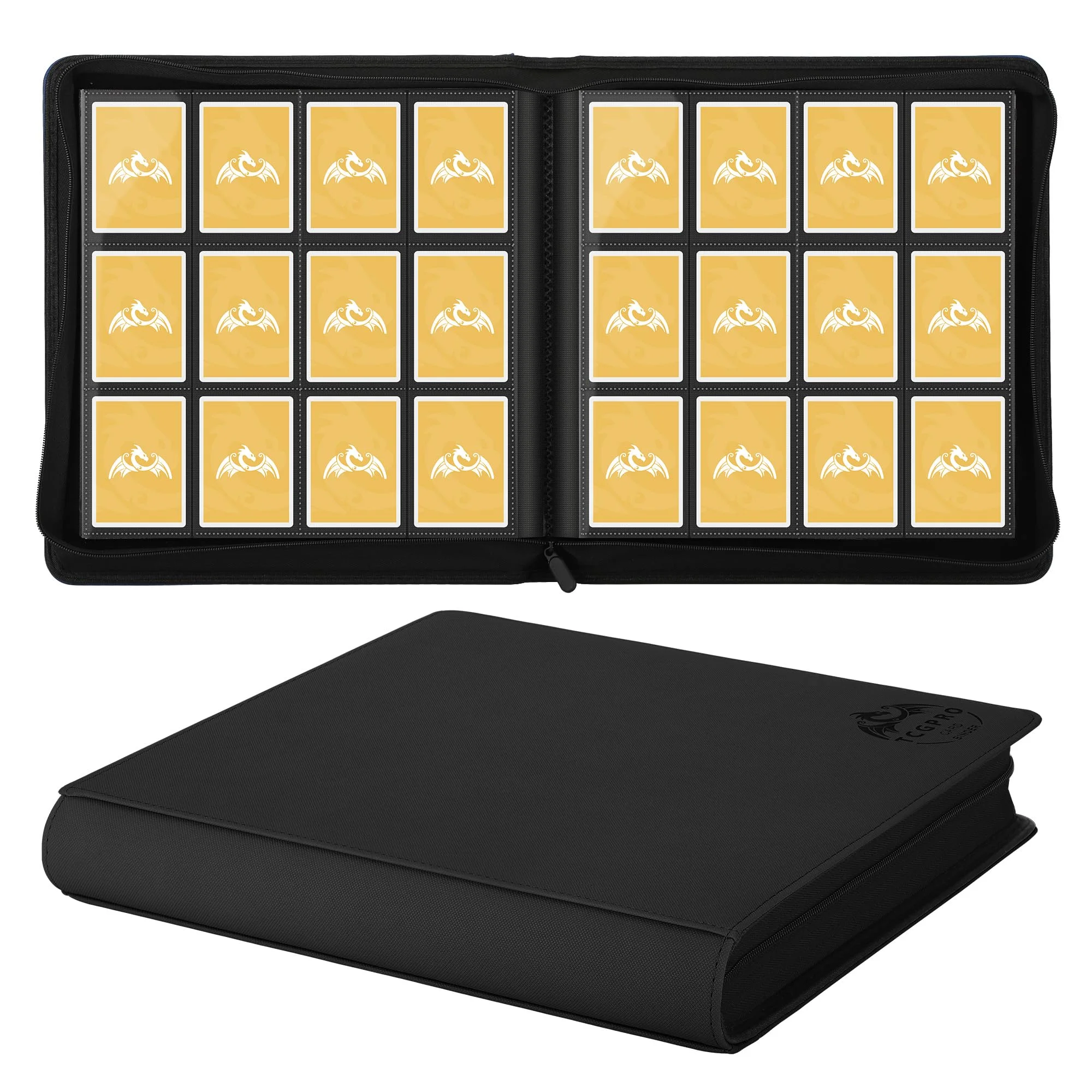 TCGPRO Sammelkarten Album 12 Fächer für bis zu 720, Karten Binder mit Reißverschluss seitlich für Standardgröße, Sammelkartenalbum für Sammelkartenspiele, Sportkarten, TCG etc. Schwarz