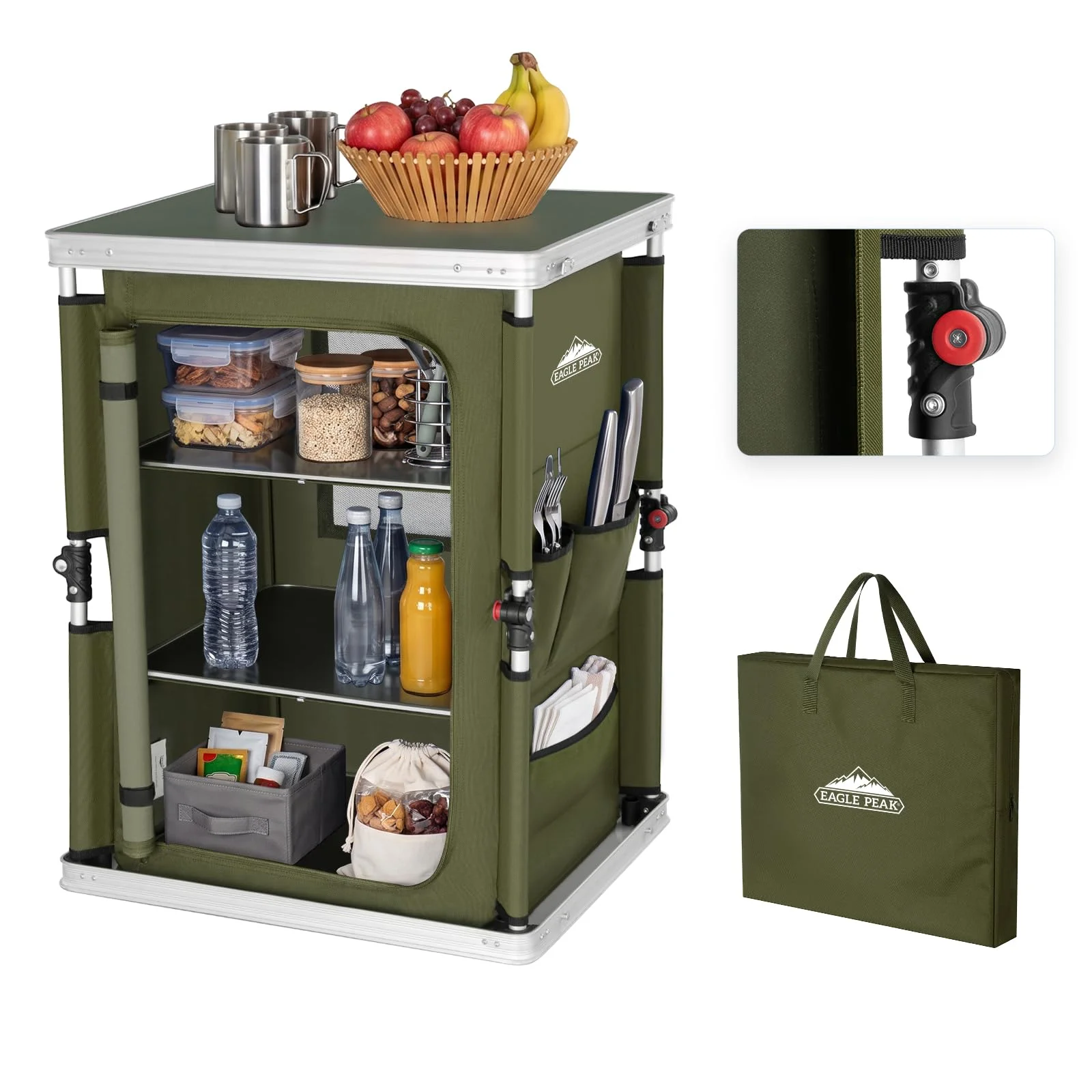 EAGLE PEAK Outdoor Camping Pop-up Klapptisch mit großem dreilagigen Speichermanager und Seitentaschen, tragbare leichte Aluminium Camping Küche, Grün