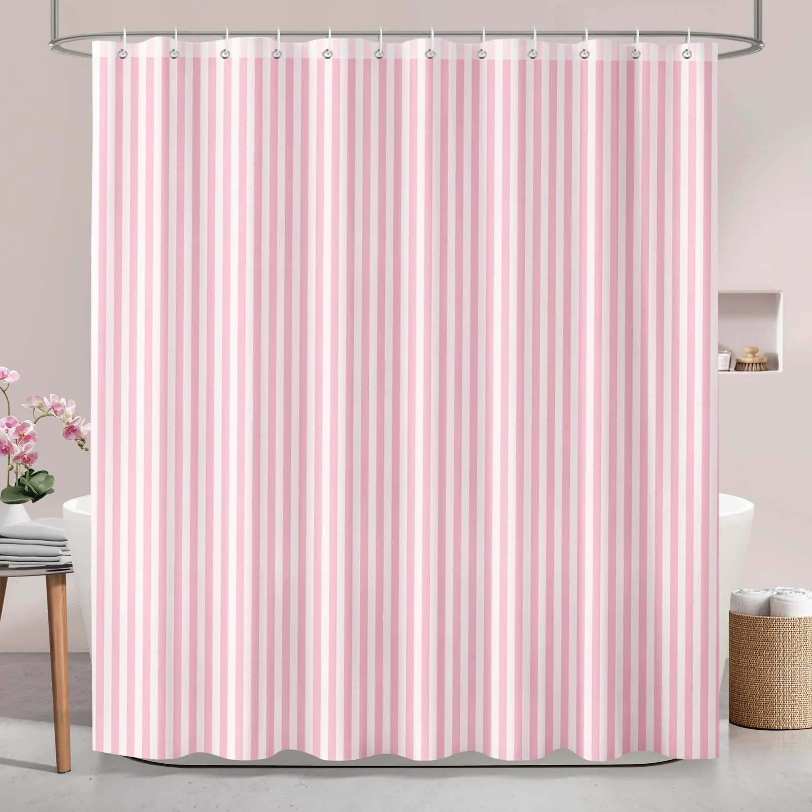 Hopomoon Duschvorhang 180x200 cm Rosa Weiß Gestreift, Moderner Textil Stoff Badevorhang mit Streifenmuster, Anti-Schimmel & Wasserabweisend, inkl. 12 Ringe, Maschinenwaschbar, 1-Teil