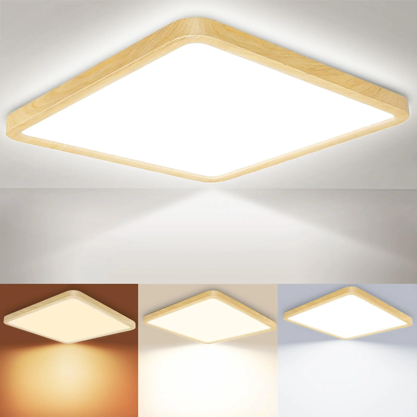 LED Deckenleuchte 32W 6000K/4000K/3000K, 4000LM IP54 Ultra Dünn Deckenlampe, Flach Quadrat Modern Badezimmer Lampe Küchenlampe für Flur Schlafzimmer Balkon Wohnzimmer Ø45CM, Holzmaserung 1Stücke