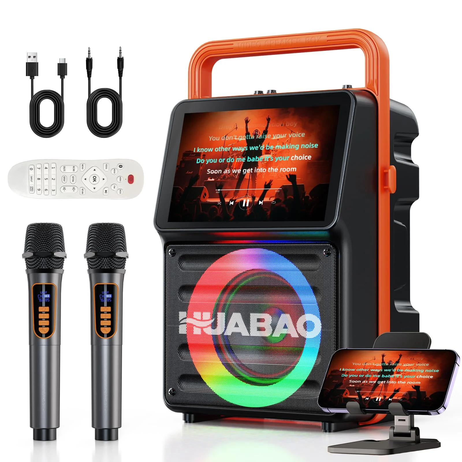 Karaoke-Maschine mit integriertem 10,1-Zoll-Bildschirm, Bluetooth-Lautsprecher mit Liedtextanzeige, kabellose Bildschirmspiegelung für iOS und Android, PA-System mit Beleuchtung, 2 Mikrofone, 5400 mAh