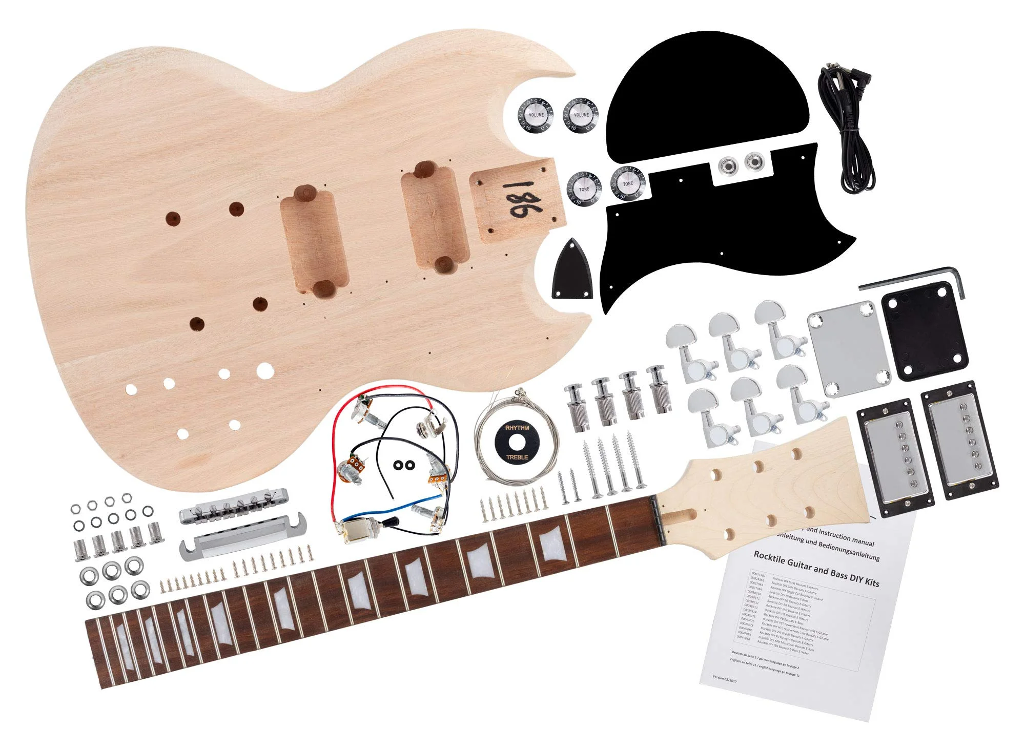 Rocktile E-Gitarren Bausatz Double Cut-Style, Korpus: Mahagoni, Gewicht: 3 | "Do-it-yourself" E-Gitarre Bausatz, Hals: Mahagoni geschraubt, Griffbrett: Palisander, Tonabnehmer: 2x Humbucker, 2 kg, Blues