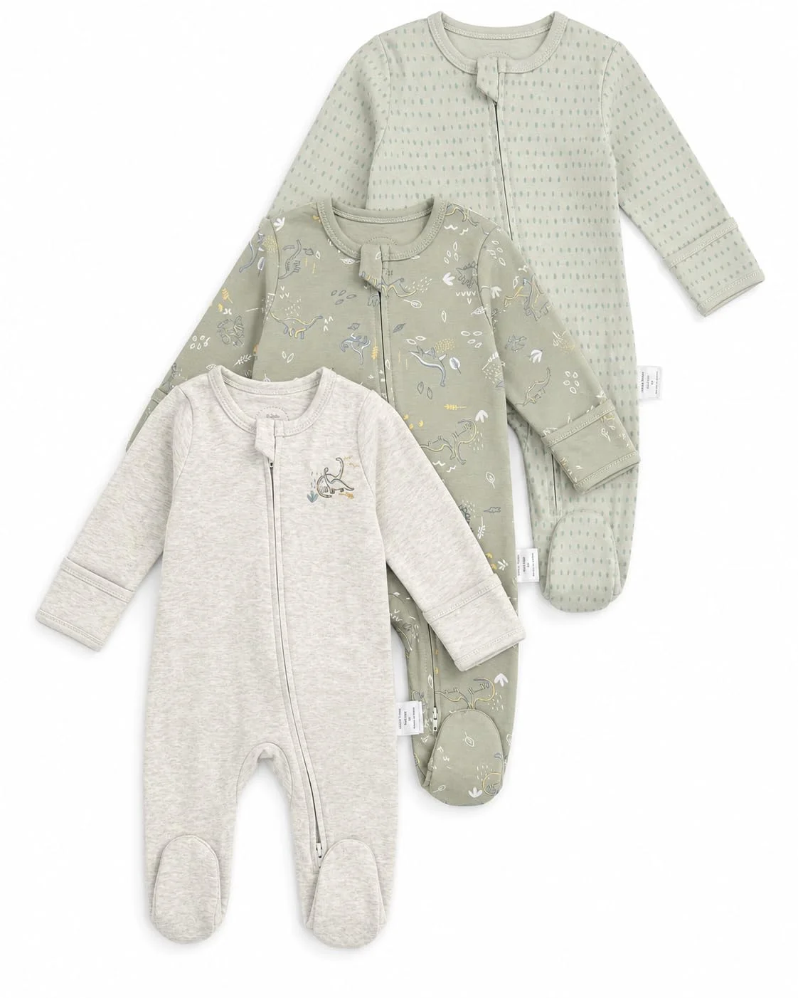 WYTbaby 3er Pack Baby Schlafanzug Baumwolle Strampler, Langarm Baby Overall Bekleidungssets mit Fußteil Und Umklappbaren Fäustlingen für 0-12 Monate