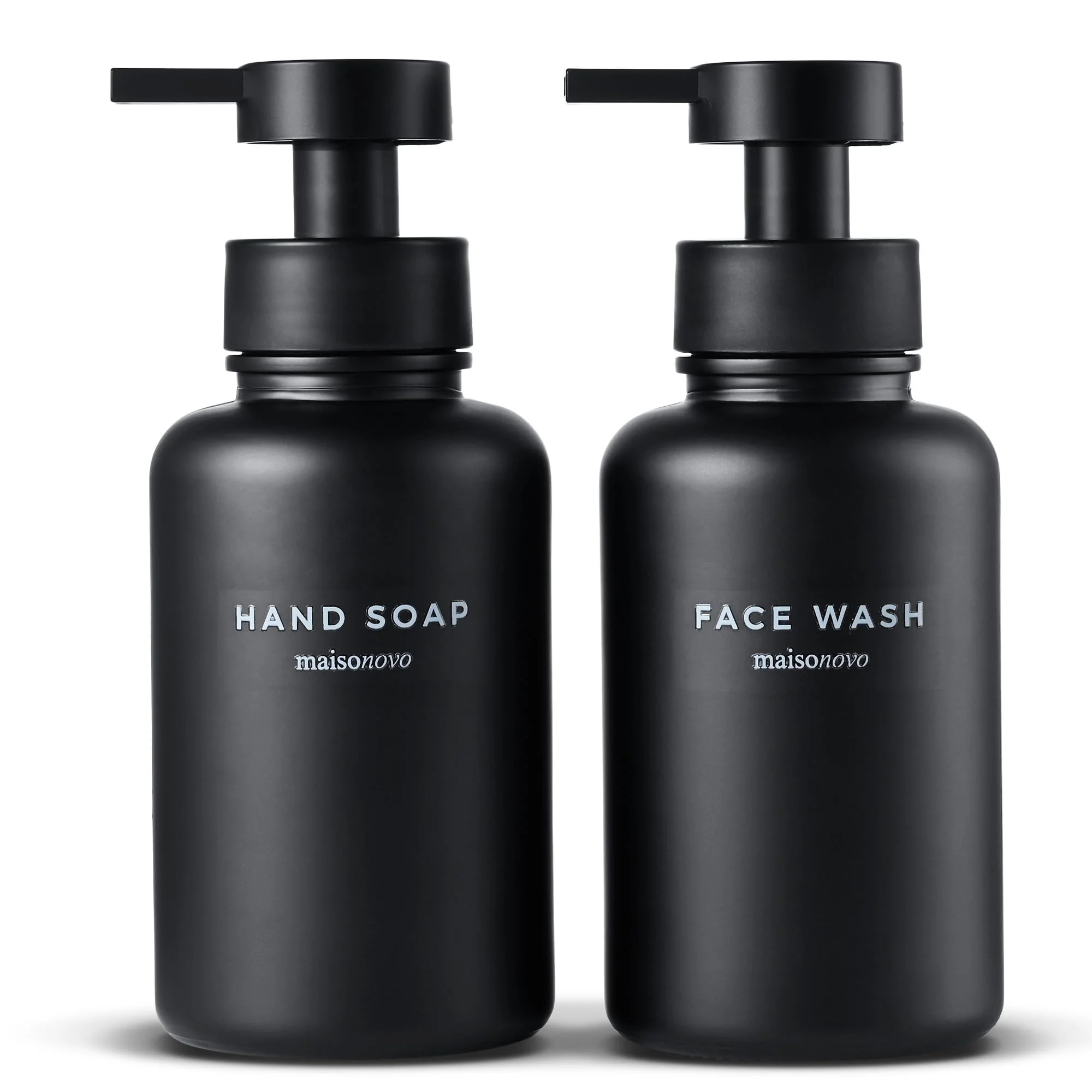 MaisoNovo Glas Schaumseifenspender 2er Set – 400 ml, Schwarz Seifenspender Schaum mit Schwarz Pumpen, Wasserfesten Etiketten
