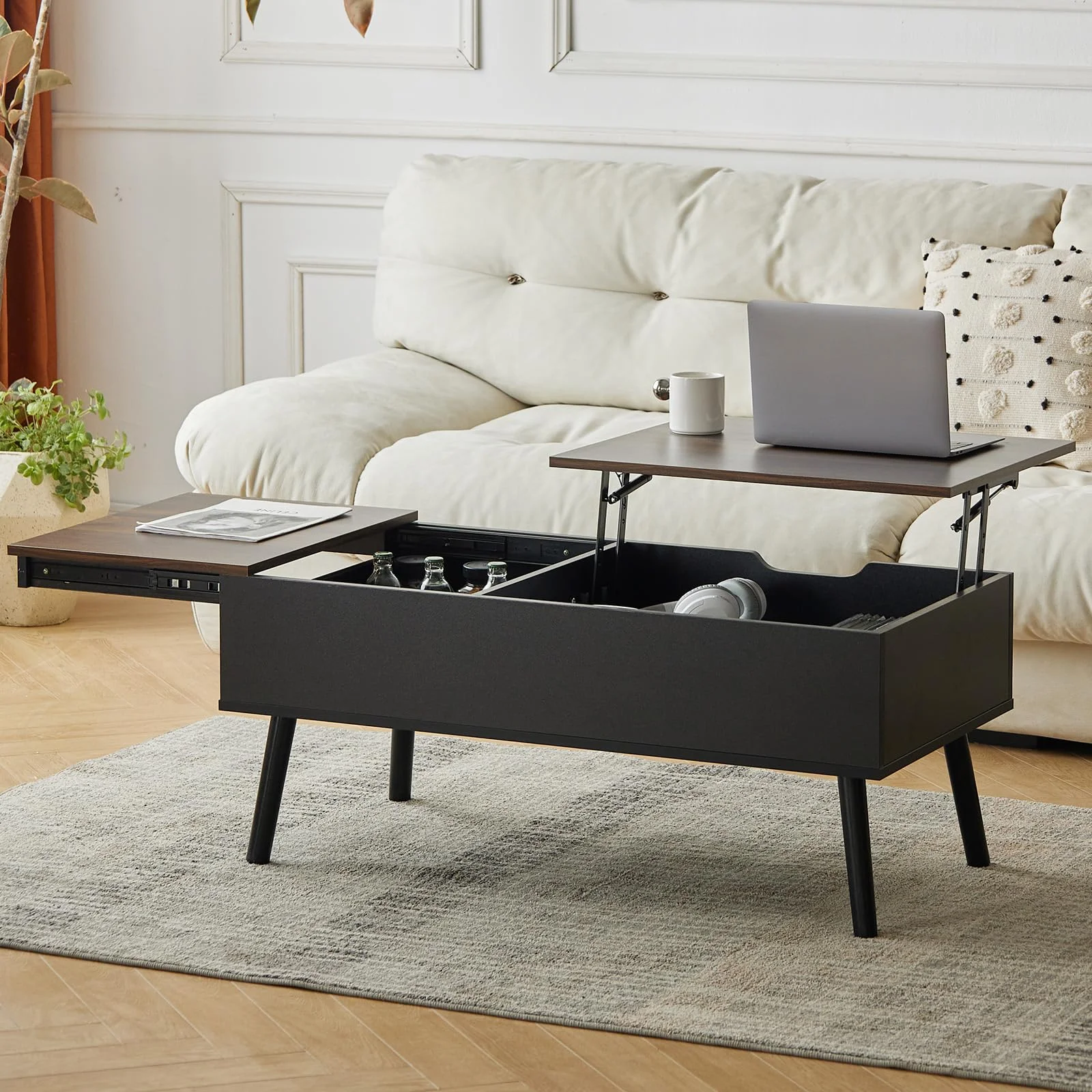 Couchtisch höhenverstellbar mit Stauraum, ausziehbarer Wohnzimmertisch | Ausziehbar, Holz-Aus robustem Holz und Metall, Ideal für kleine Wohnzimmer, Homeoffice oder Essen auf dem Sofa