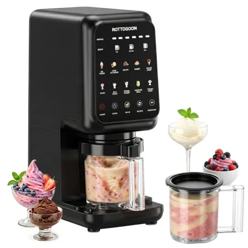 ROTTOGOON Ice Cream Maker with Mix In Function | LED touch screen, easy 4 steps, 2-in-1 soft ice cream machine, including 3 containers, sorbet, gelato, milkshakes