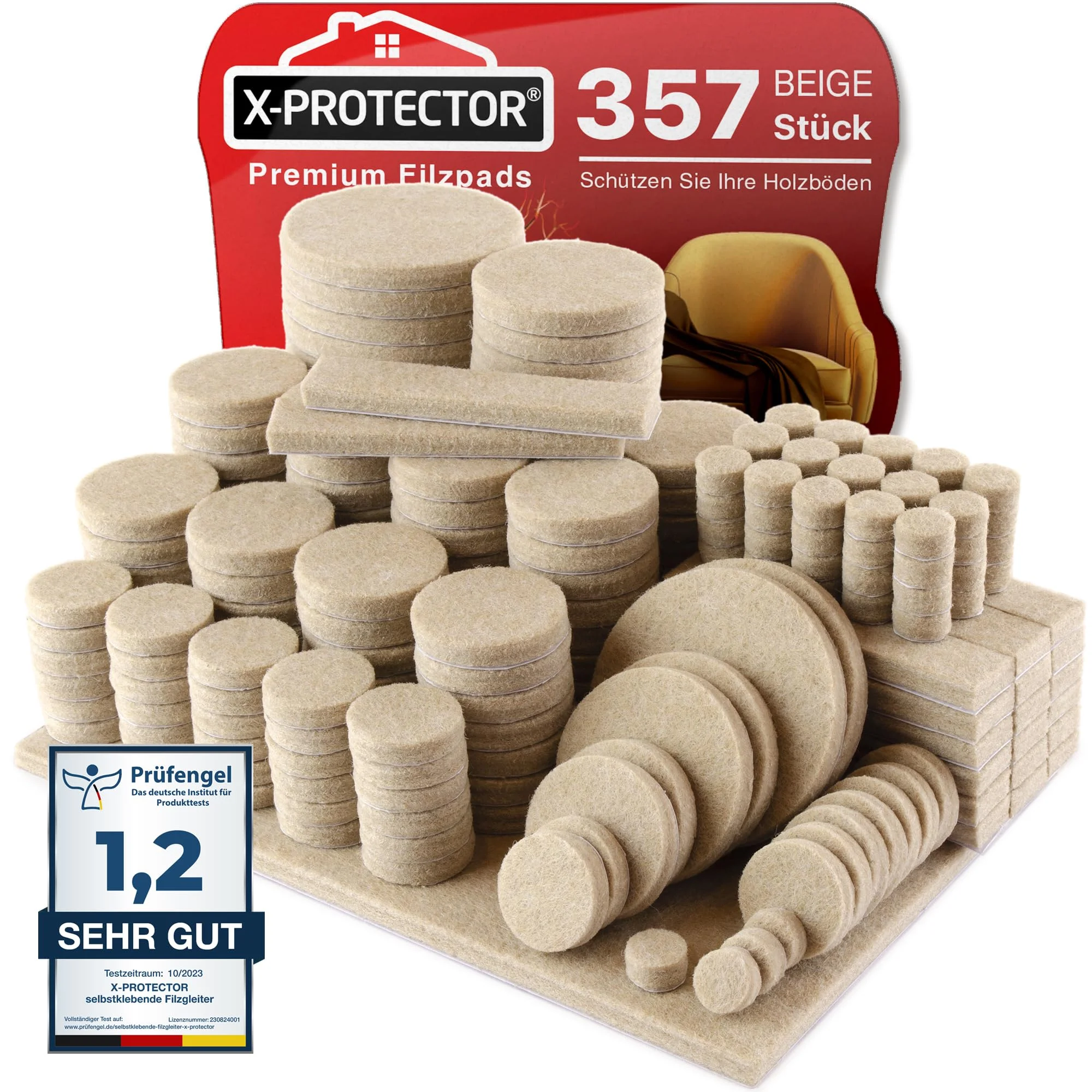 X-Protector Filzgleiter 357 Stück - Prämie Möbelgleiter Beige | Filz Selbstklebend - Bodenschoner für Stühle - Große Menge an Filzgleiter Selbstklebend - Schützen Sie Ihre Holzfußböden