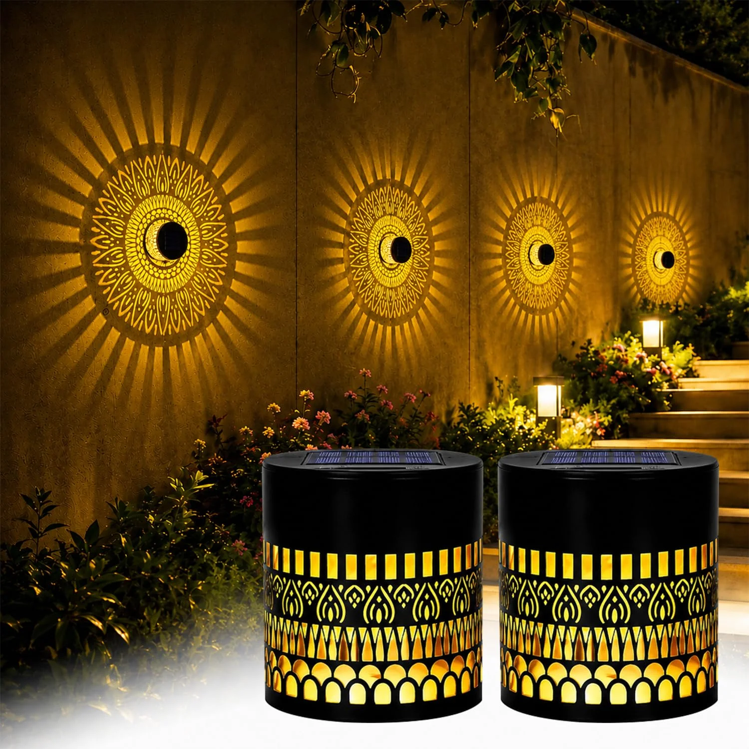 2 Stück Decorative Solar Mandala Lights,Mandala Solar Lights,Solar Wandleuchte,Solarlampen für Außen,LED Garden Lantern Wasserdichte für Gartendeko und Terrasse