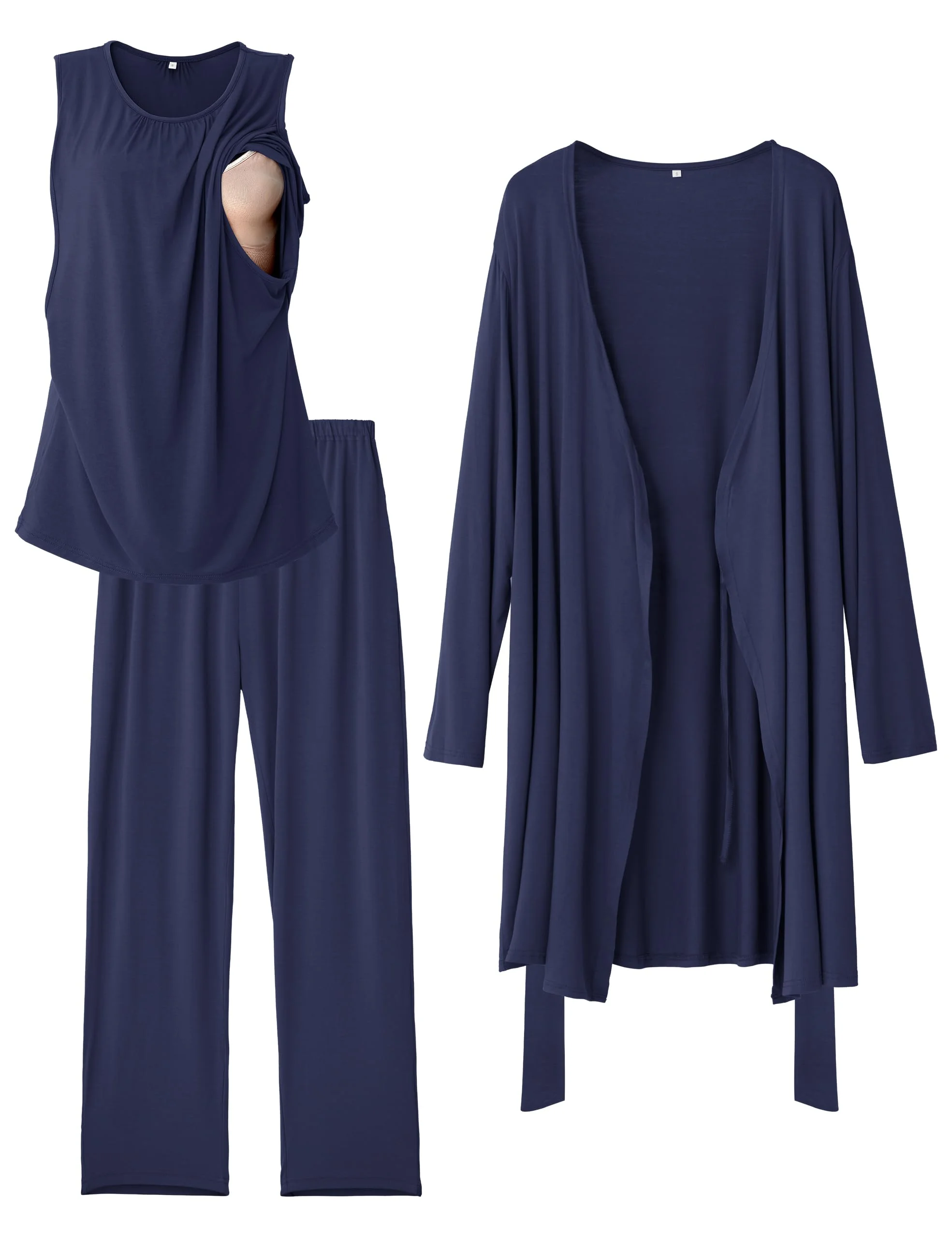 SUNNYBUY Stillpyjama Set Damen 3-teilig Umstands- und Still-Schlafanzug mit Top, Hose und Morgenmantel ideal für Schwangerschaft, Wochenbett und Klinik