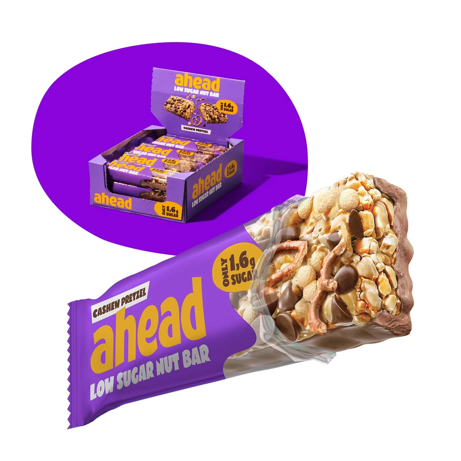 AHEAD Low Sugar Nut Bar | Nussriegel Müsliriegel ohne Zuckerzusatz mit Cashewkernen, Salzbrezel & Milchschokolade- 12x35g mit nur 1,7g Zucker pro Riegel - Cashew Pretzel