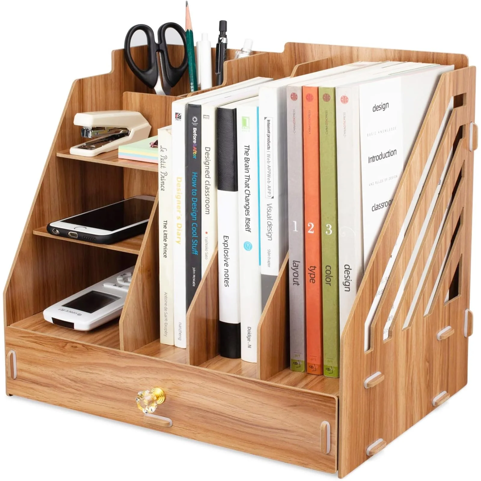 Tonsmile Schreibtisch Organizer mit Stiftehalter & Schublade, Büro Organizer aus Holz mit Ablagefächern für A4 Dokumente