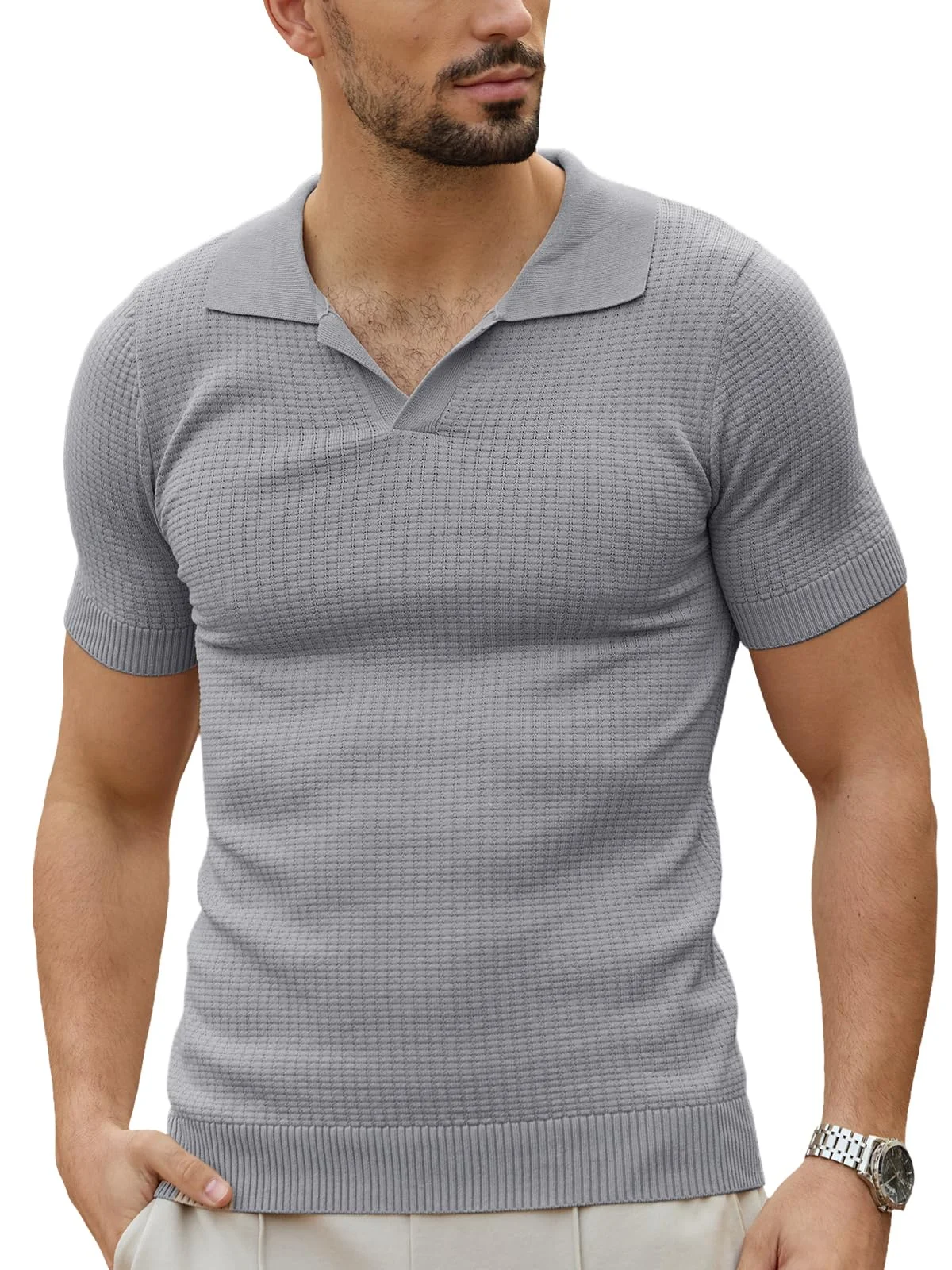 Les umes Herren Kurzarm-Polo-Shirts gestrickt V-Ausschnitt Tee Sommer Casual atmungsaktiv Poloshirts