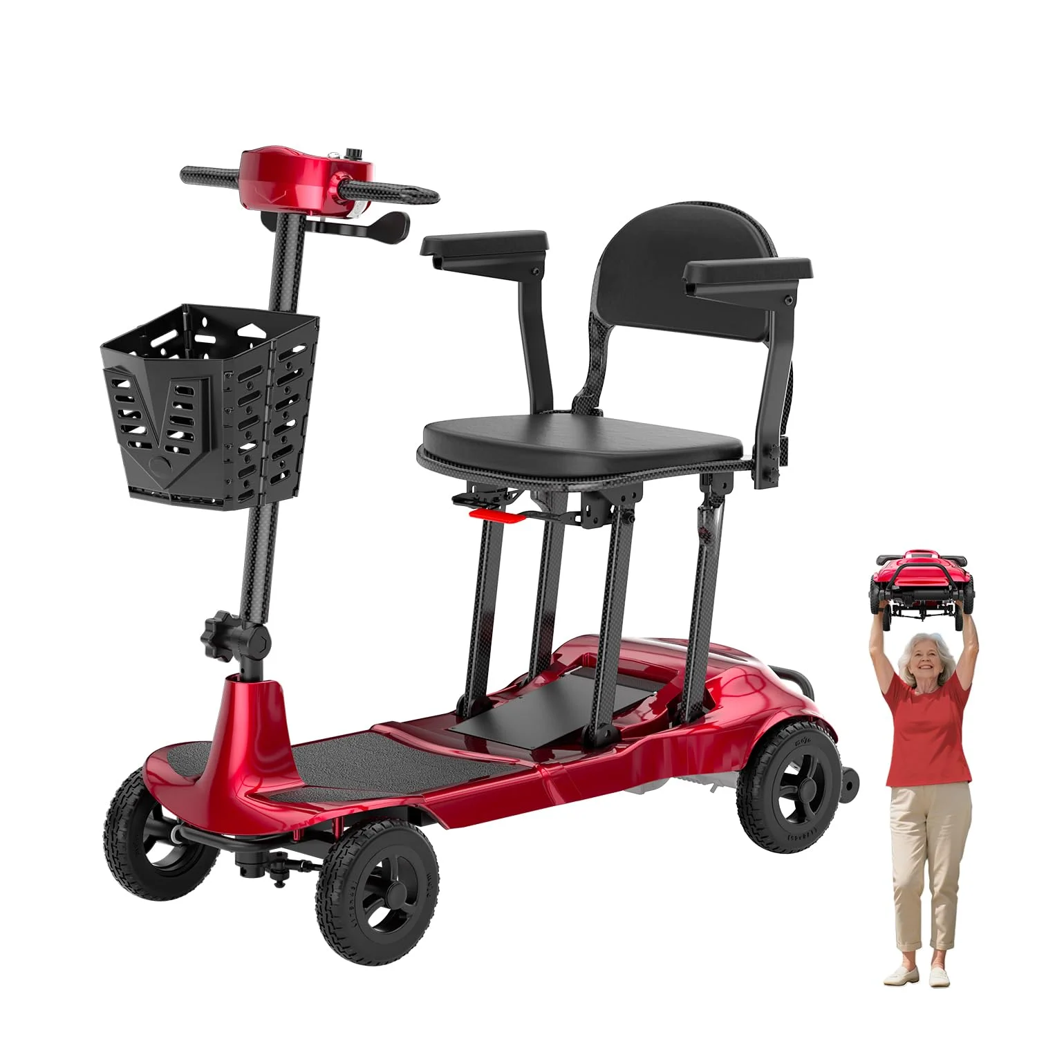 12,5kg Ultraleichter Seniorenmobil klappbar, Carbon-Elektromobil für Senioren, Tragkraft 125kg, von Fluggesellschaften zugelassen, leicht und kompakt mit abnehmbarem Akku – ROT