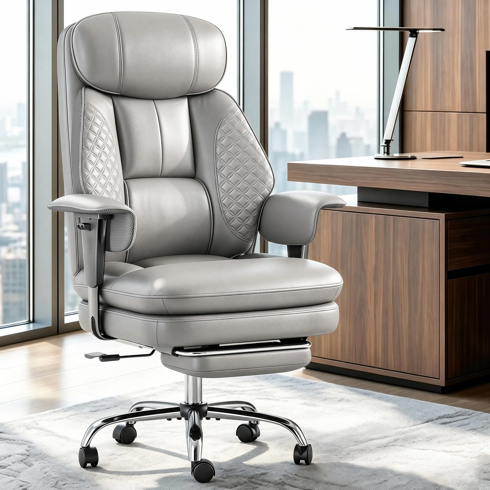 ALPHA HOME Chefsessel Bürostuhl Ergonomisch mit Fußstütze, Grau | Schreibtischstuhl mit Hoher Rückenlehne, Computerstuhl PU-Leder, Verstellbare Armlehnen& Höhe, Wippfunktion, Dicke Polsterung