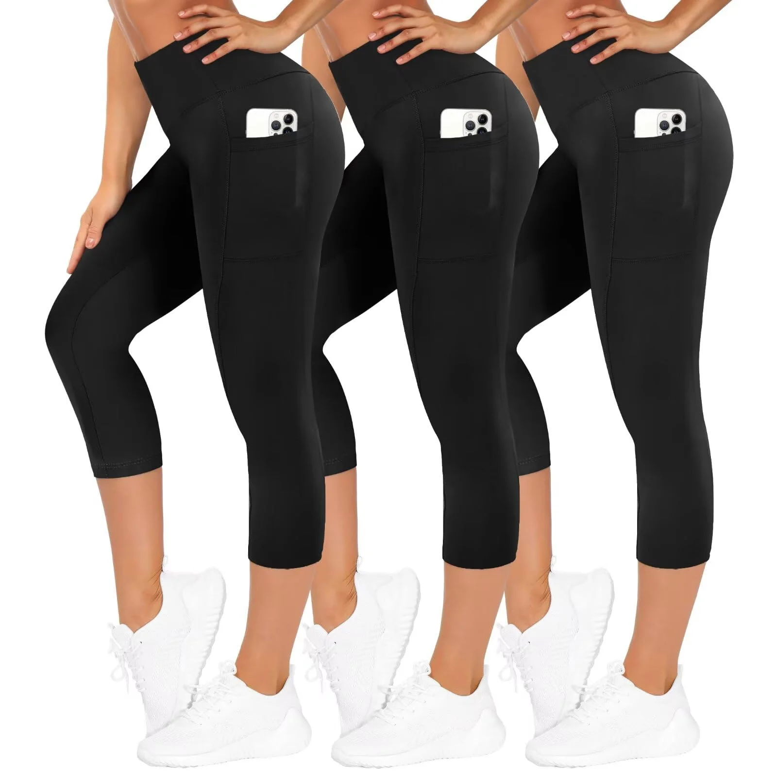 TNNZEET 3er Pack Leggings Damen 3/4 mit Taschen Caprihose Sommer für Sport | High Waist Capri Sporthose Bequeme 7/8 Sommerhose Elastisch Dreiviertel Yogahose für Gym
