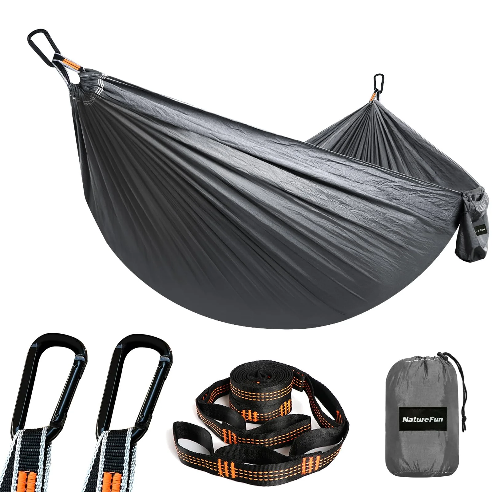 NATUREFUN Ultraleichte Reise Camping Hängematte | 300kg Tragkraft (275 x 140 cm) Atmungsaktiv, Schnelltrocknendes Fallschirm Nylon | 2 x Premium Karabiner,2 x Schlingen| Drinnen Draußen Garten
