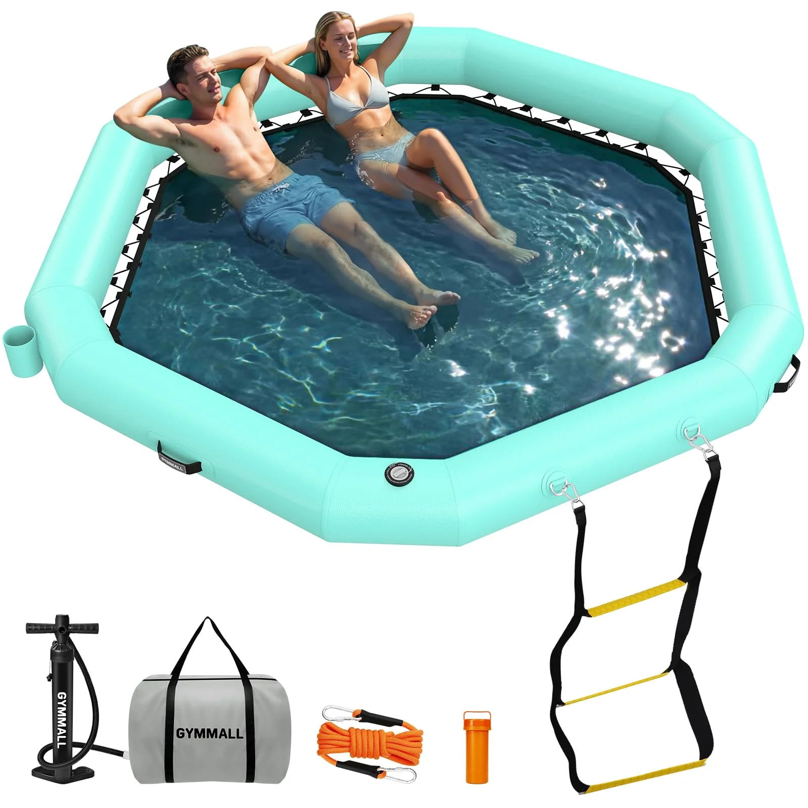 GYMMALL Aufblasbares Schwimmdock 240cm, Sechseckig mit Netz | Strapazierfähiges PVC, Langlebig, Stabil. Für Pool, See, Strand. Netzmitte zum Entspannen. Schnell Aufblasbar, Tragbar