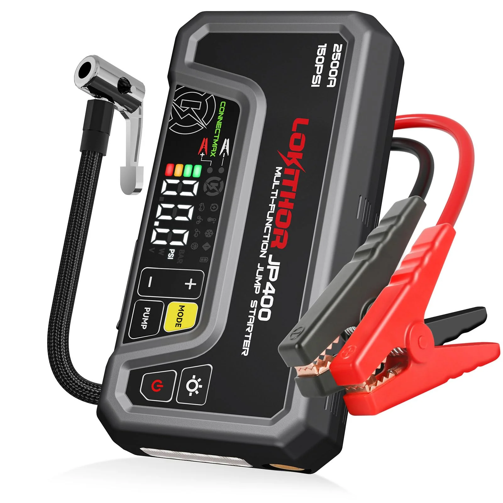 LOKITHOR JP400 Auto Starthilfe Powerbank 2500A mit 150 PSI Kompressor | 150 PSI Luftkompressor & LED-Licht, Für Benziner bis 8,5L & Diesel bis 6,5L