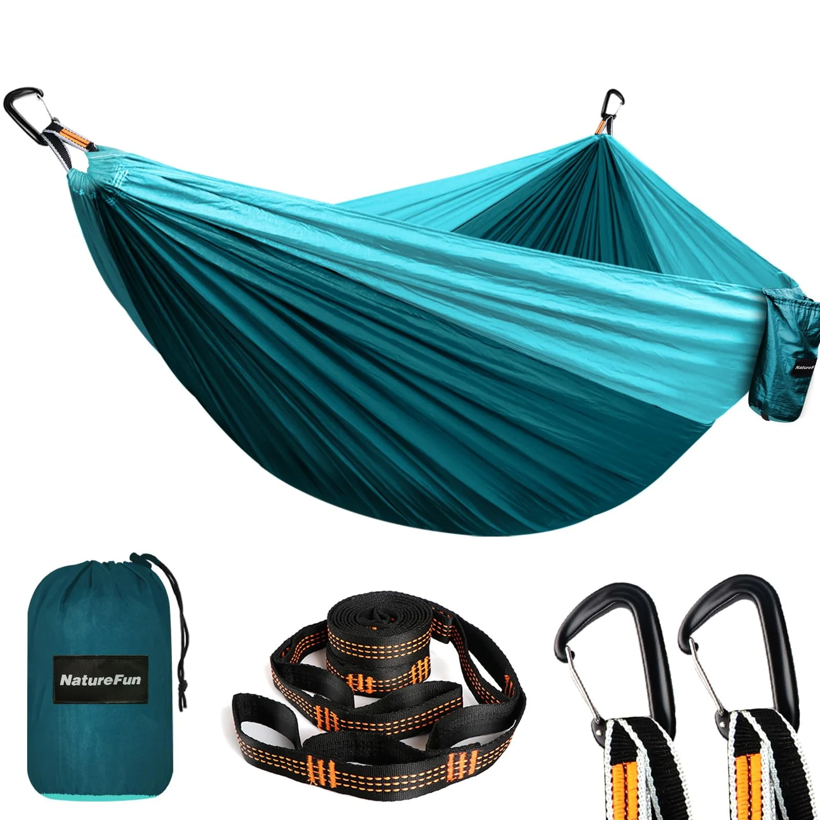NATUREFUN Camping Hängematte Outdoor bis 300 kg Belastbar 300 x 200 cm | Ultraleichte Atmungsaktiv Schnelltrocknendes Fallschirmseide Ripstop-Nylon Reise-Hängematten 2 Premium Karabiner 2 Schlingen