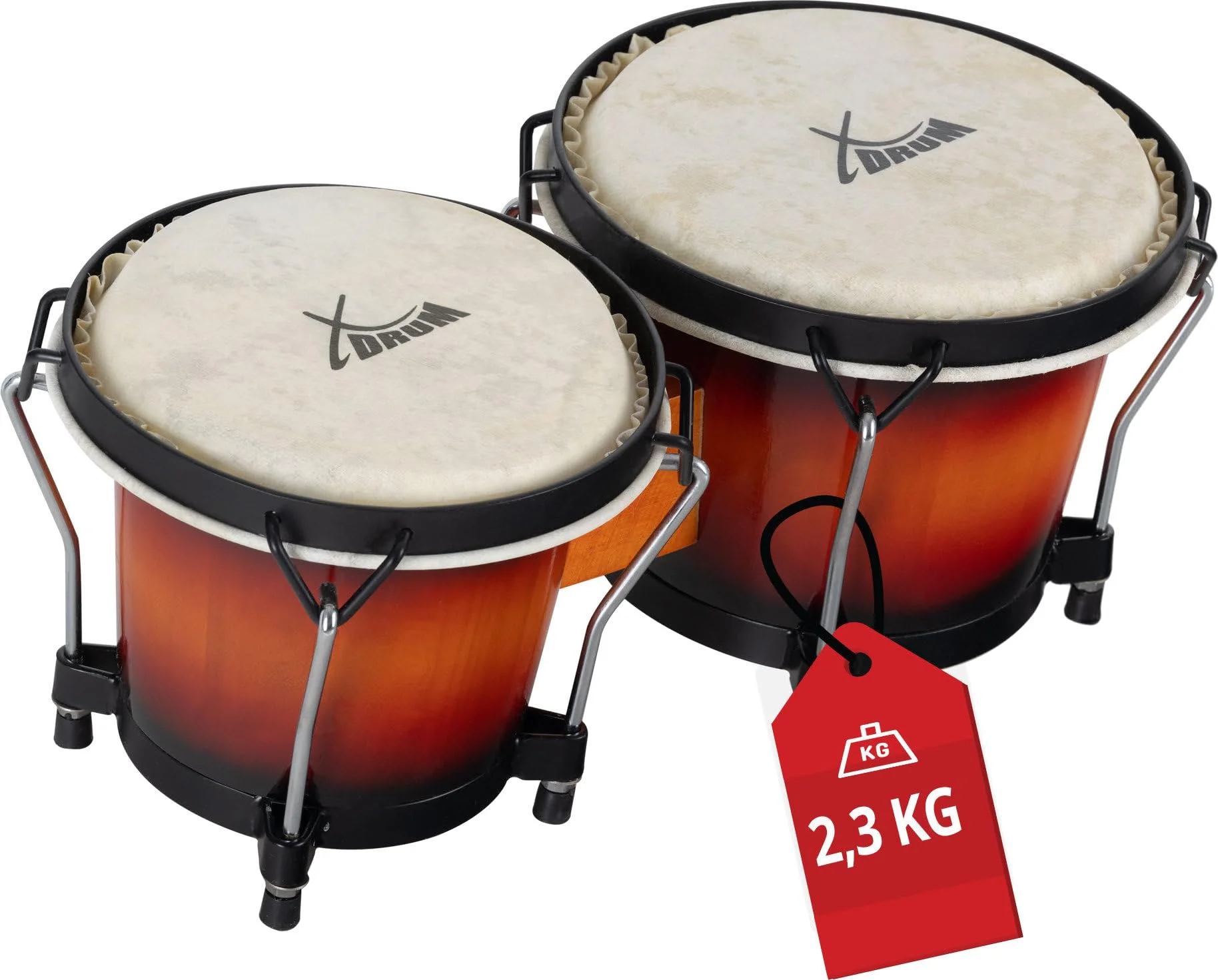 XDrum Bongos Club - 2 Trommeln mit 6" und 7" - Bongotrommeln mit stimmbaren Naturfellen und Stimmschlüssel - Holztrommeln Vintage Sunburst