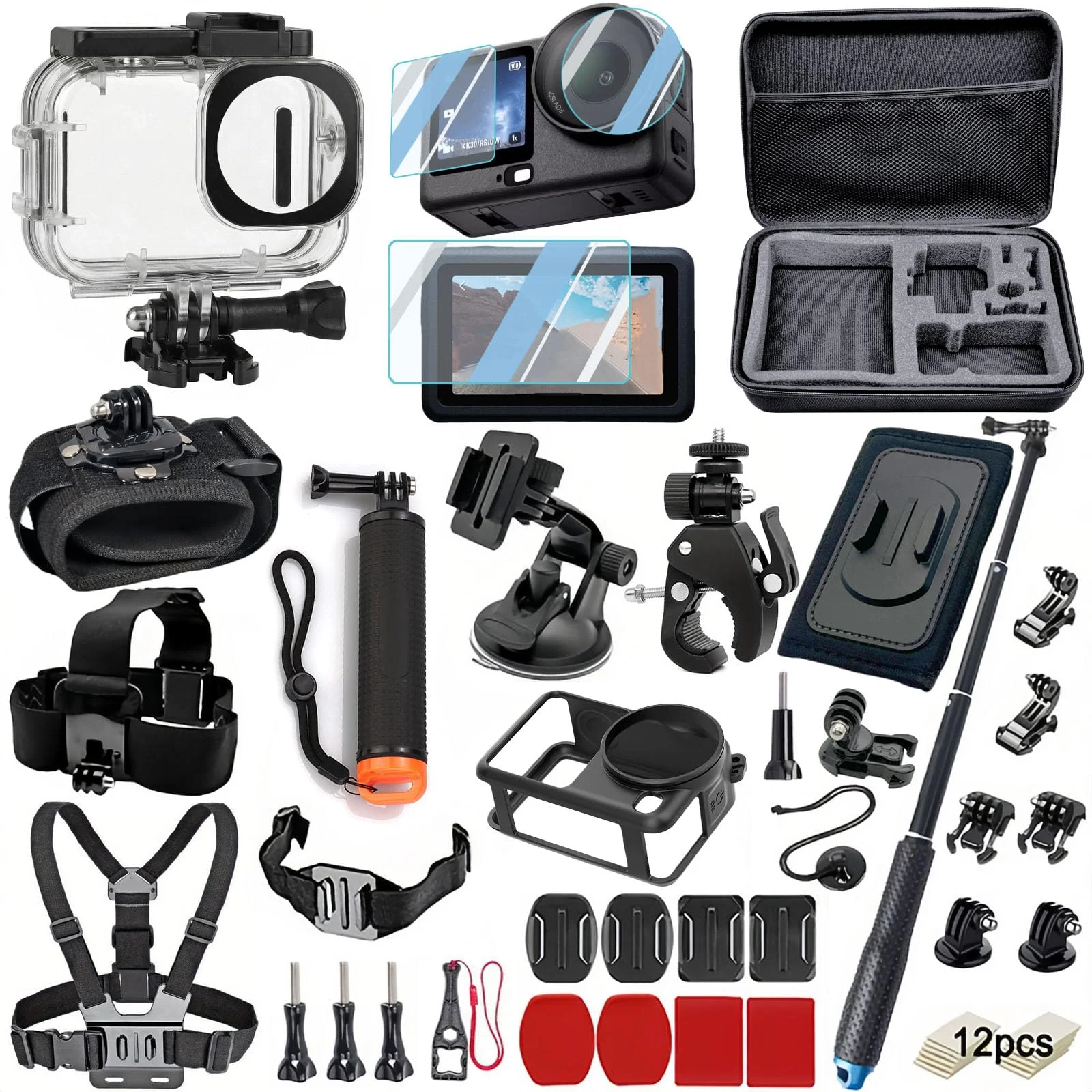 Zubehör-Set, kompatibel mit DJI OSMO Action 6, wasserdichtes Gehäuse, Displayschutzfolie aus gehärtetem Glas, schwimmender Bobber-Griff, große Tragetasche, Halterungen für Brust/Kopf/Lenker