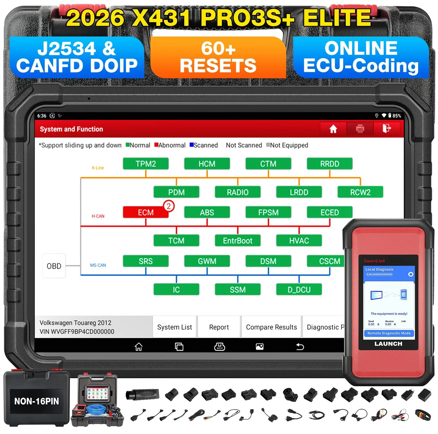 LAUNCH 2026 X431 PRO3S+ Elite mit SmartLinkC 2.0 –Profi OBD2 Diagnosegerät für alle Autos, OE-Level, ECU-Codierung, 60+ Resets, Topologie, J2534, 4000+ bidirektionale Tests, CAN FD/DoIP, D-PDU & FCA