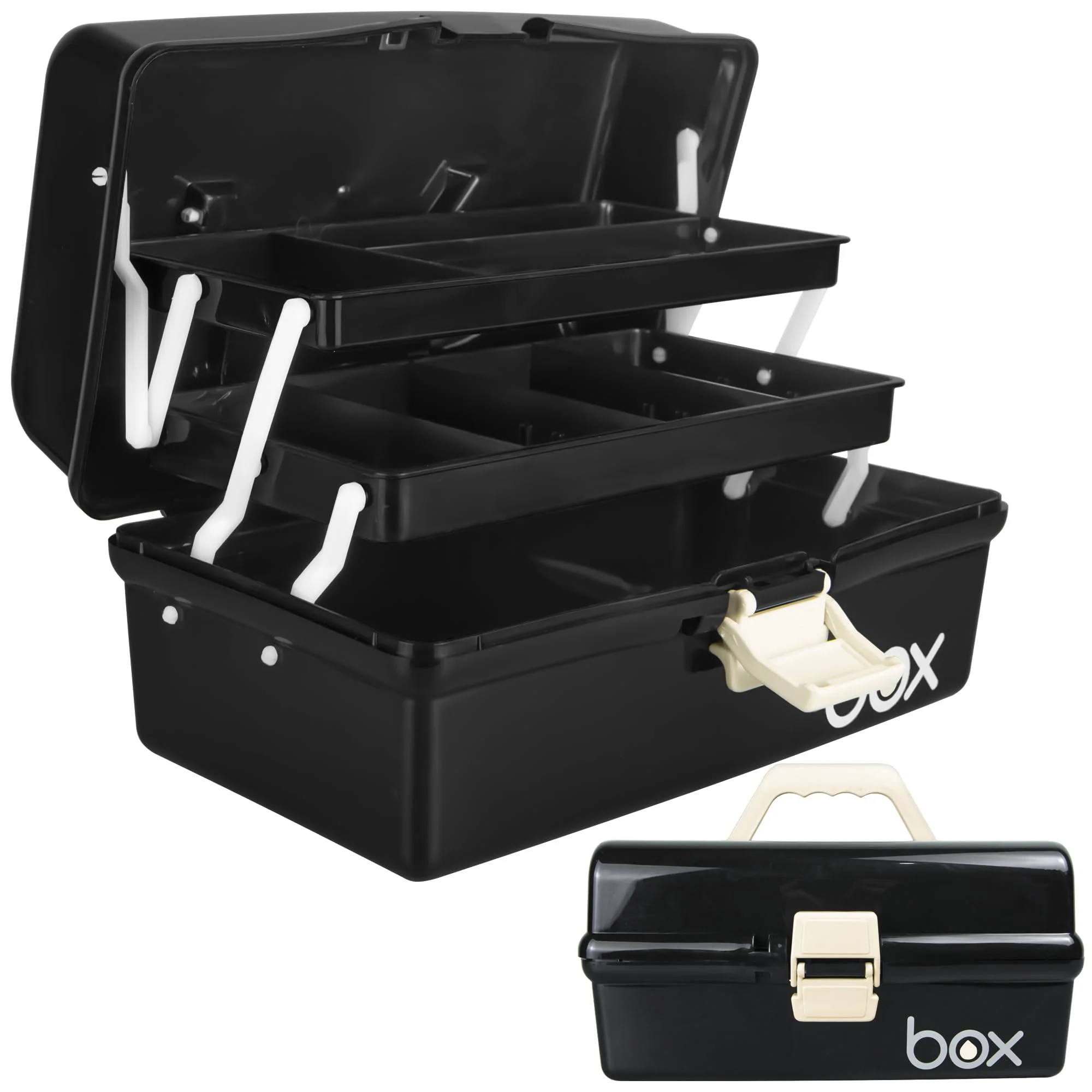 Creahaus 30,5 cm 3-Ebenen Mehrzweck-Aufbewahrungsbox/Bastel-Aufbewahrungsboxen mit Fächern/Kunststoff Schwarze Werkzeugbox/Medikamenten-Aufbewahrungsbox/Haarzubehör-Organizer/Nähbox mit 2 Fächern