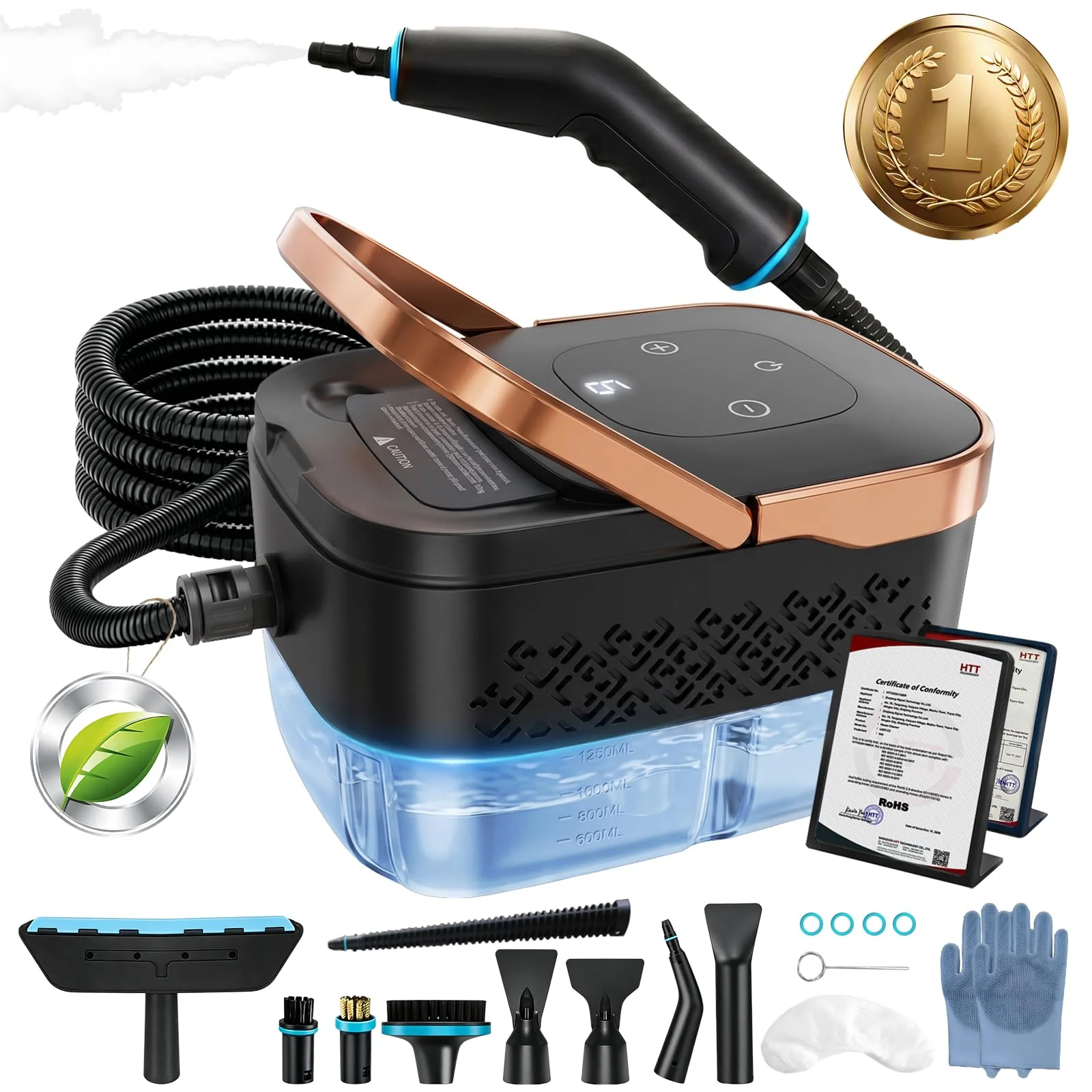 Dampfreiniger Handgerät, 2500W 4 Bar Dampfreiniger für alles (Schwarz) | 1250ml Tank, 15s Aufheizzeit, 6 Dampfstufen, 4 Bar Druck, 13-tlg. Zubehör für Boden, Bad, Fenster & Auto