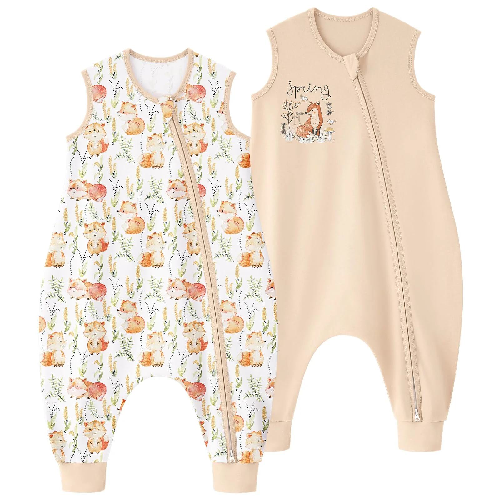 Yoofoss 2er Pack Baby Schlafsack mit Füßen 0.5 Tog 100% Baumwolle Schlafsack Baby mit Beinen Sommer Babyschlafsack für 18-36 Monate Kinder Jungen Mädchen 80 cm- Hellbrauner Fuchs