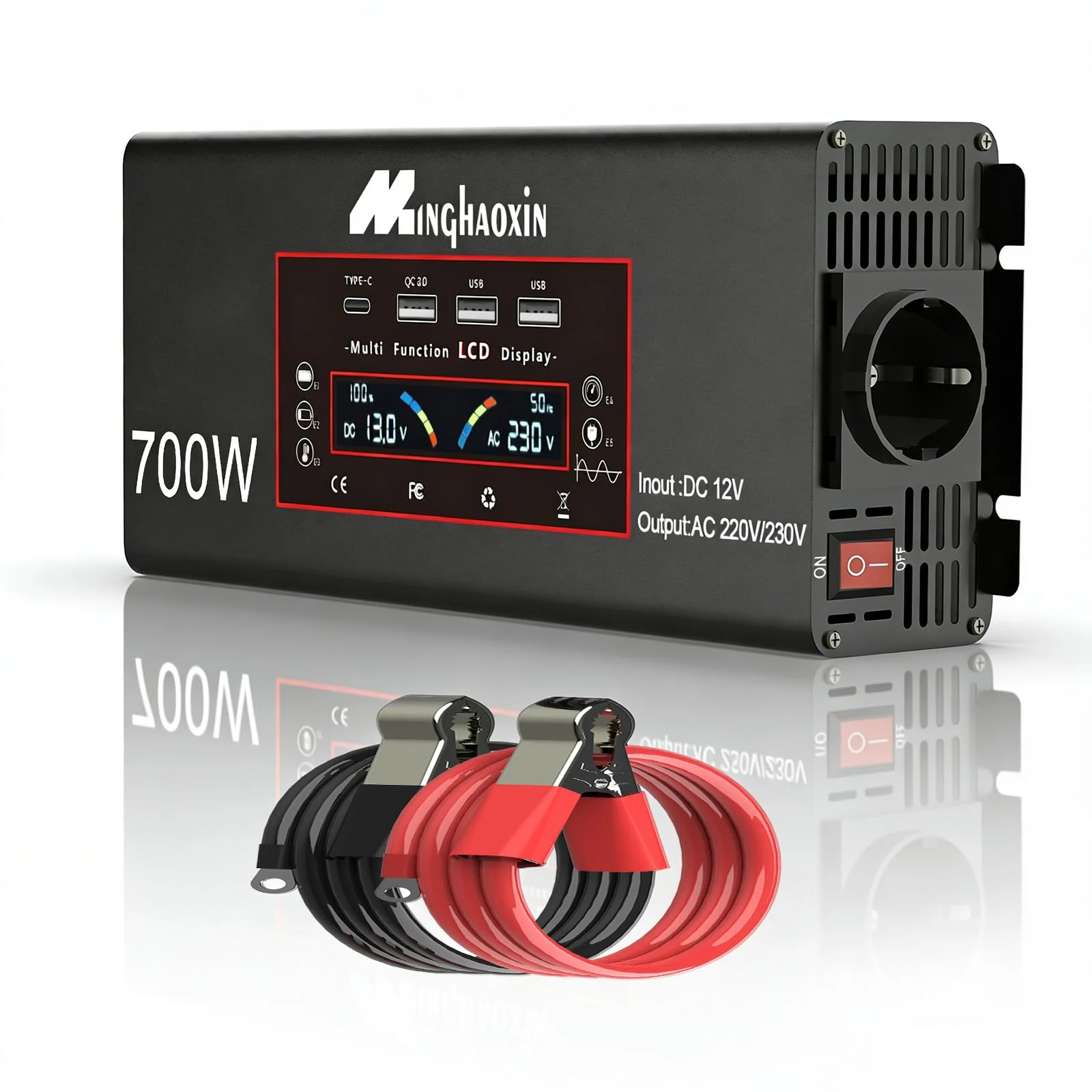 700W Spannungswandler 12v auf 230v Reiner Sinus Wechselrichter Power Inverter LCD Anzeige + EU Steckdosen und 3 USB Autoladegerät Für Auto KFZ Wohnwagen LKW