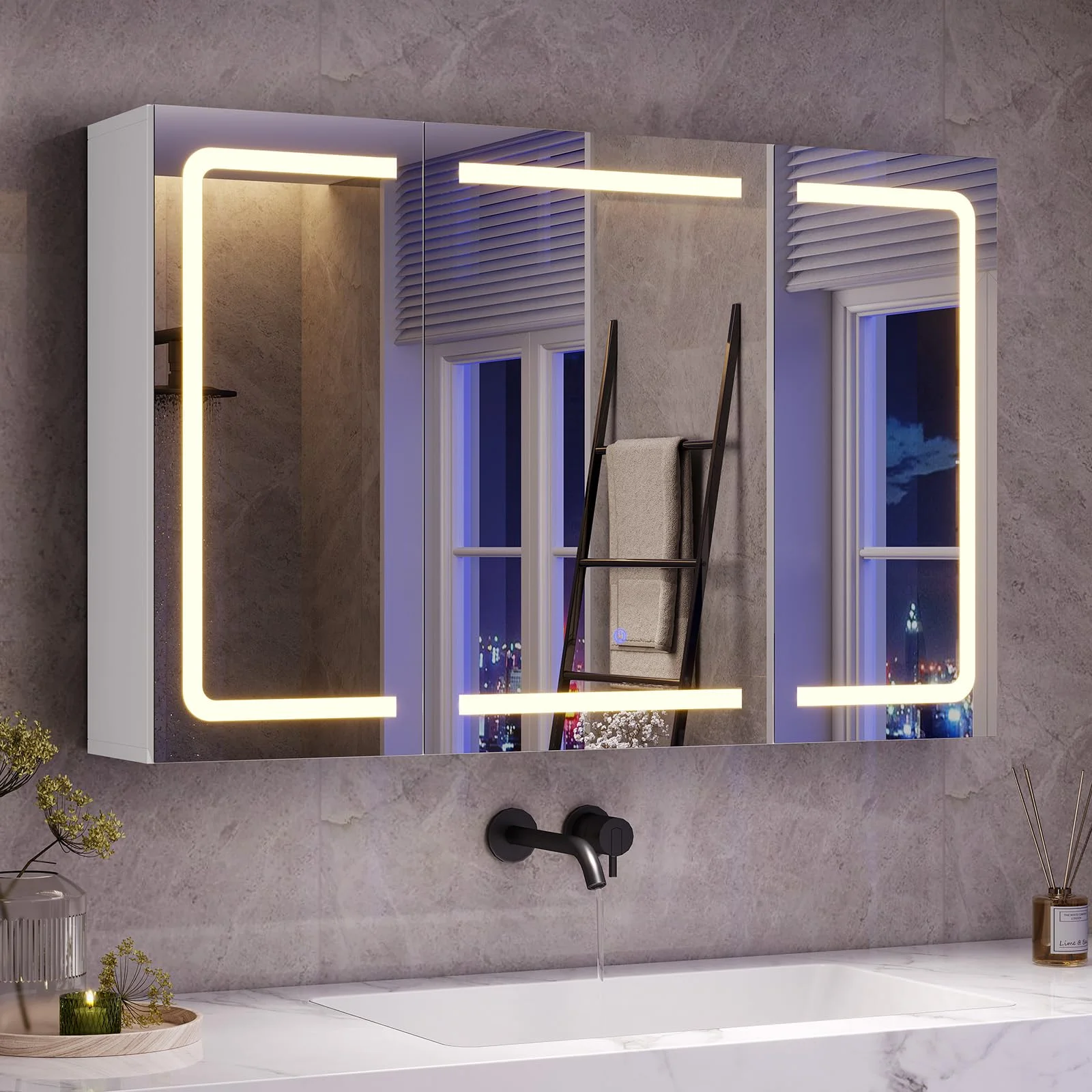 mojiasion Spiegelschrank mit LED-Beleuchtung,Steckdose & 3 Farbtemperaturen|Badezimmerschrank 60×90×16 cm (H×B×T) dimmbar +Touch-Sensor|Weißer Badspiegelschrank mit 3 x verstellbaren Regalen&Spiegel