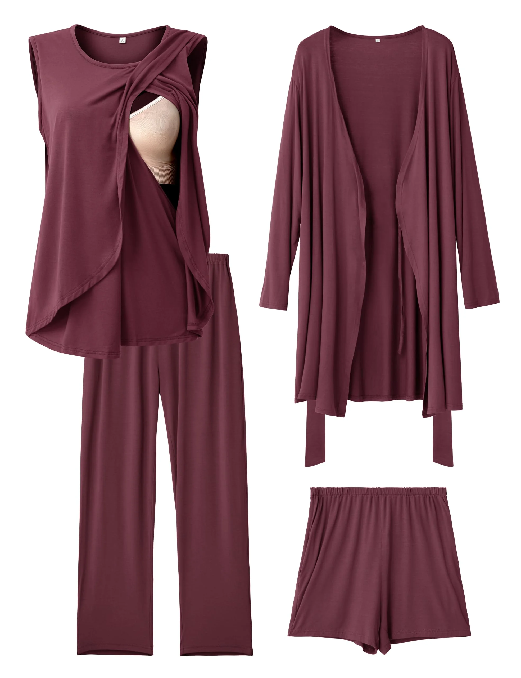 SUNNYBUY 4-teiliges Umstands Stillpyjama Set mit Top, Hose, Shorts & Kimono | Diskretes Stillen, Verstellbarer Bund, für Krankenhaus, Wochenbett & Zuhause, Schwangerschaft & Stillzeit